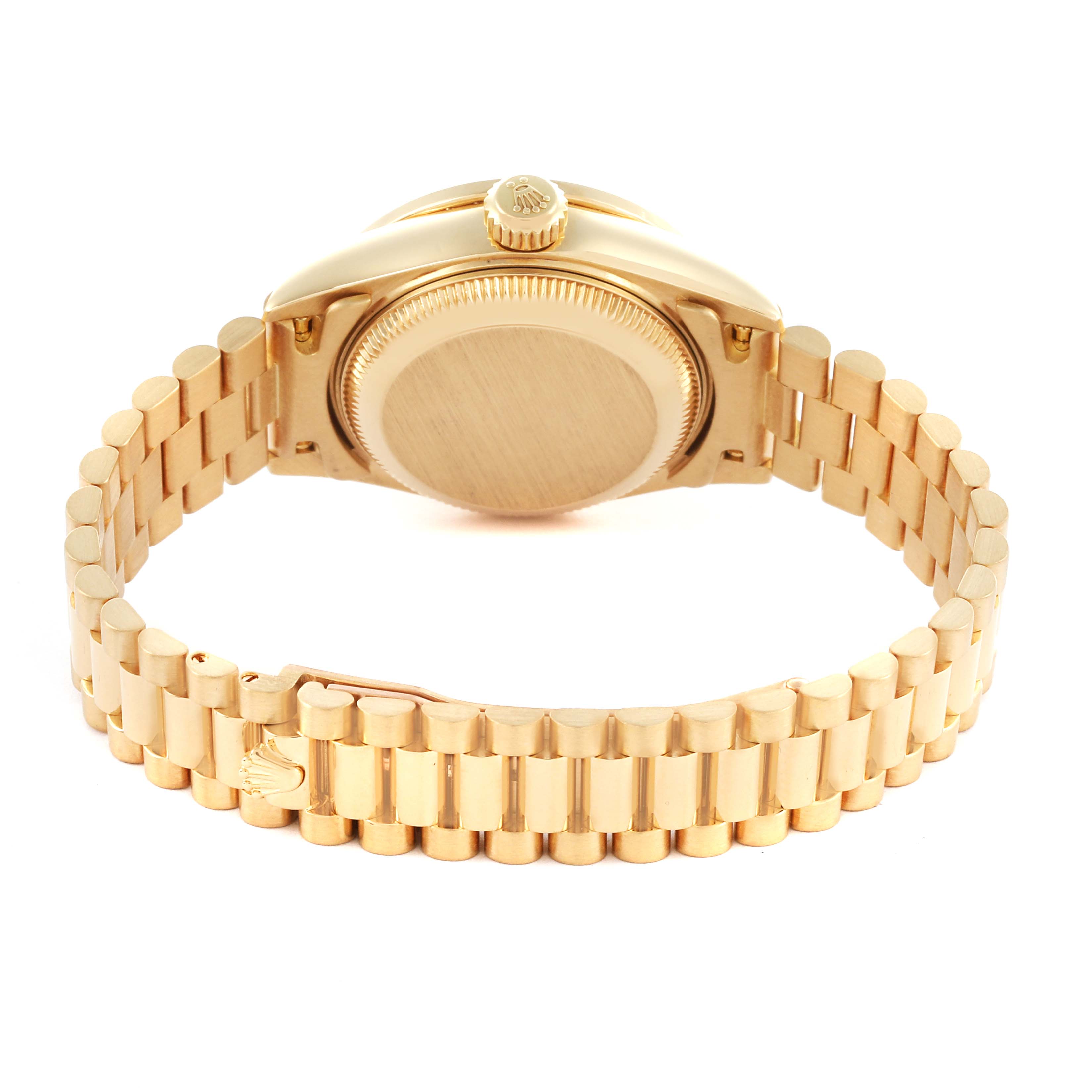 The image shows the back and side view of a Rolex President 79088 Women's Yellow Gold Champagne Dial 79088 Women's Yellow Gold Champagne Dial model, highlighting the bracelet and case back.