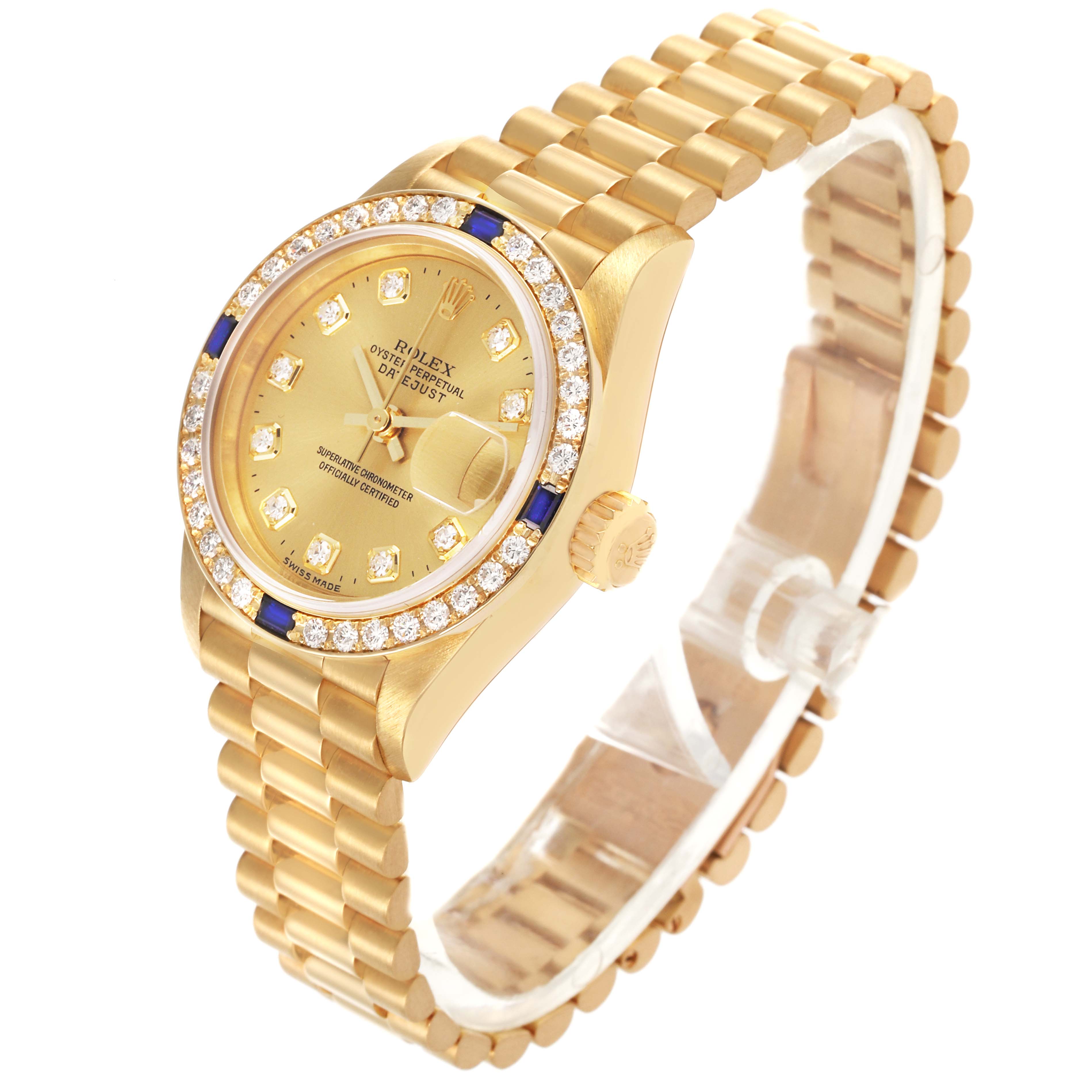 The watch is shown from a three-quarter angle, displaying the Rolex President 79088 Women's Yellow Gold Champagne Dial 79088 Women's Yellow Gold Champagne Dial model's face, bezel, crown, and bracelet.
