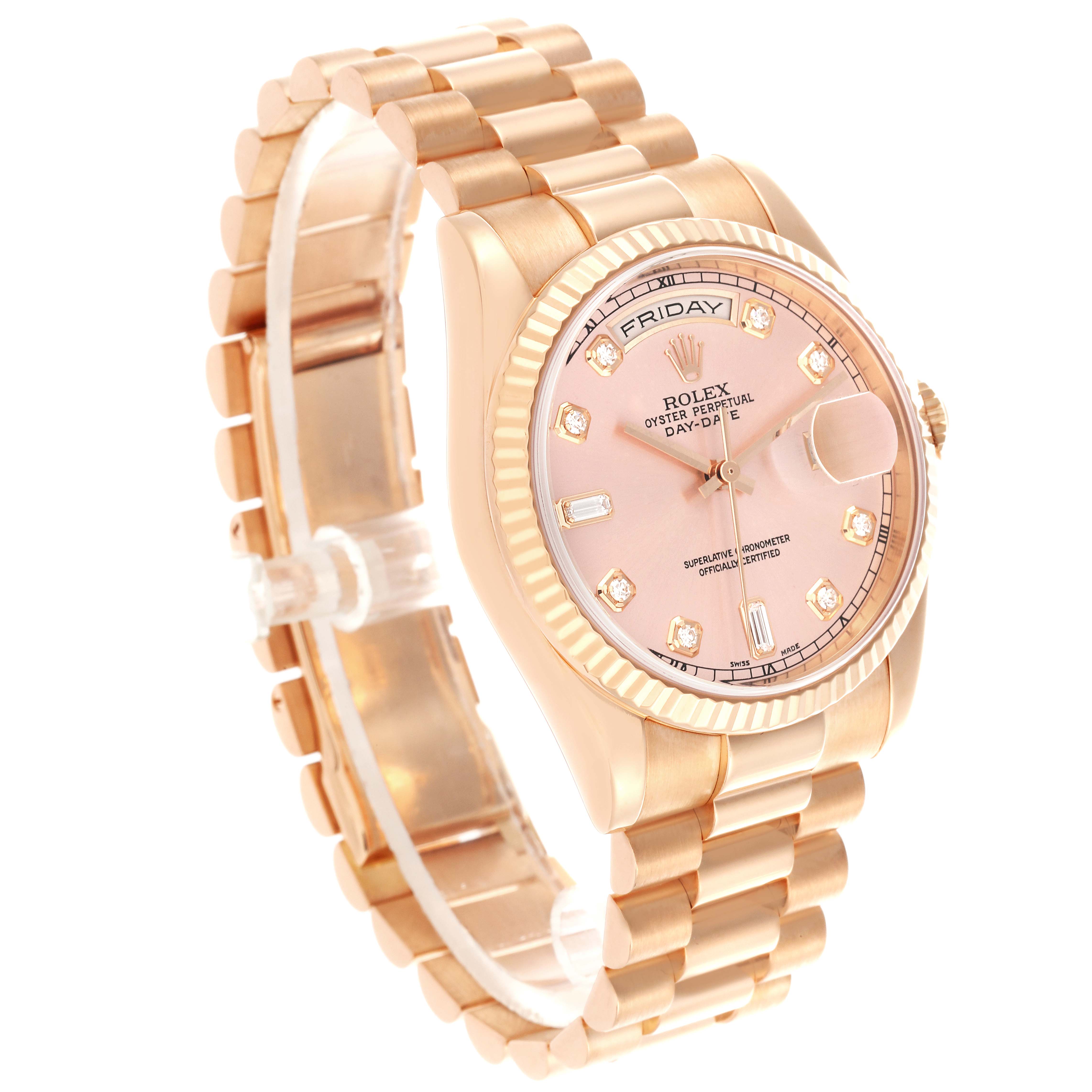 The Rolex President 118235 Men's Rose Gold Pink Dial 118235 Men's Rose Gold Pink Dial watch is shown in a three-quarter view, highlighting its rose gold case, bracelet, and pink dial with diamond markers.