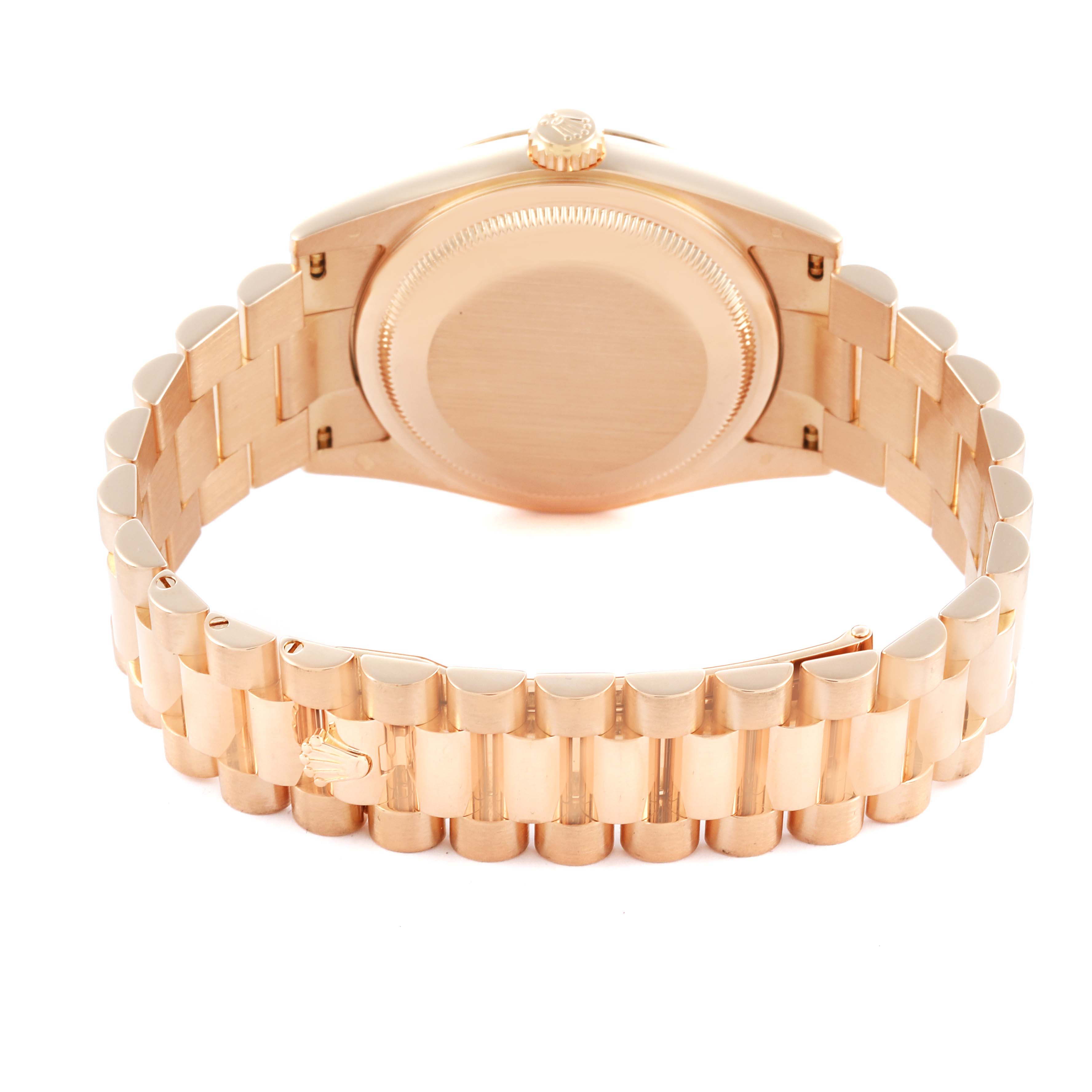 The image shows the back view of the Rolex President 118235 Men's Rose Gold Pink Dial 118235 Men's Rose Gold Pink Dial model, highlighting the case back and bracelet.