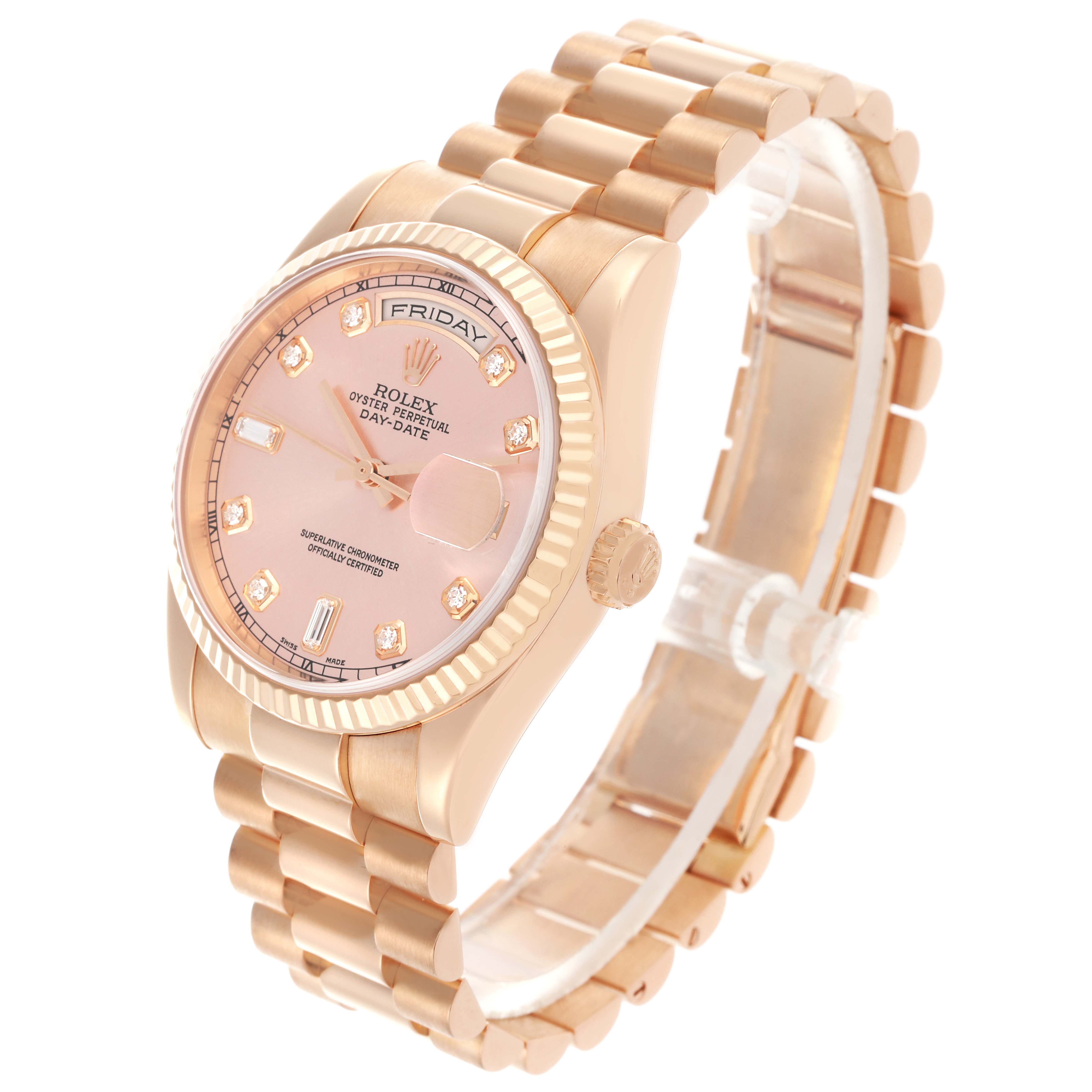 The Rolex President 118235 Men's Rose Gold Pink Dial 118235 Men's Rose Gold Pink Dial model watch is shown at an angled view highlighting the dial, bezel, crown, and bracelet.