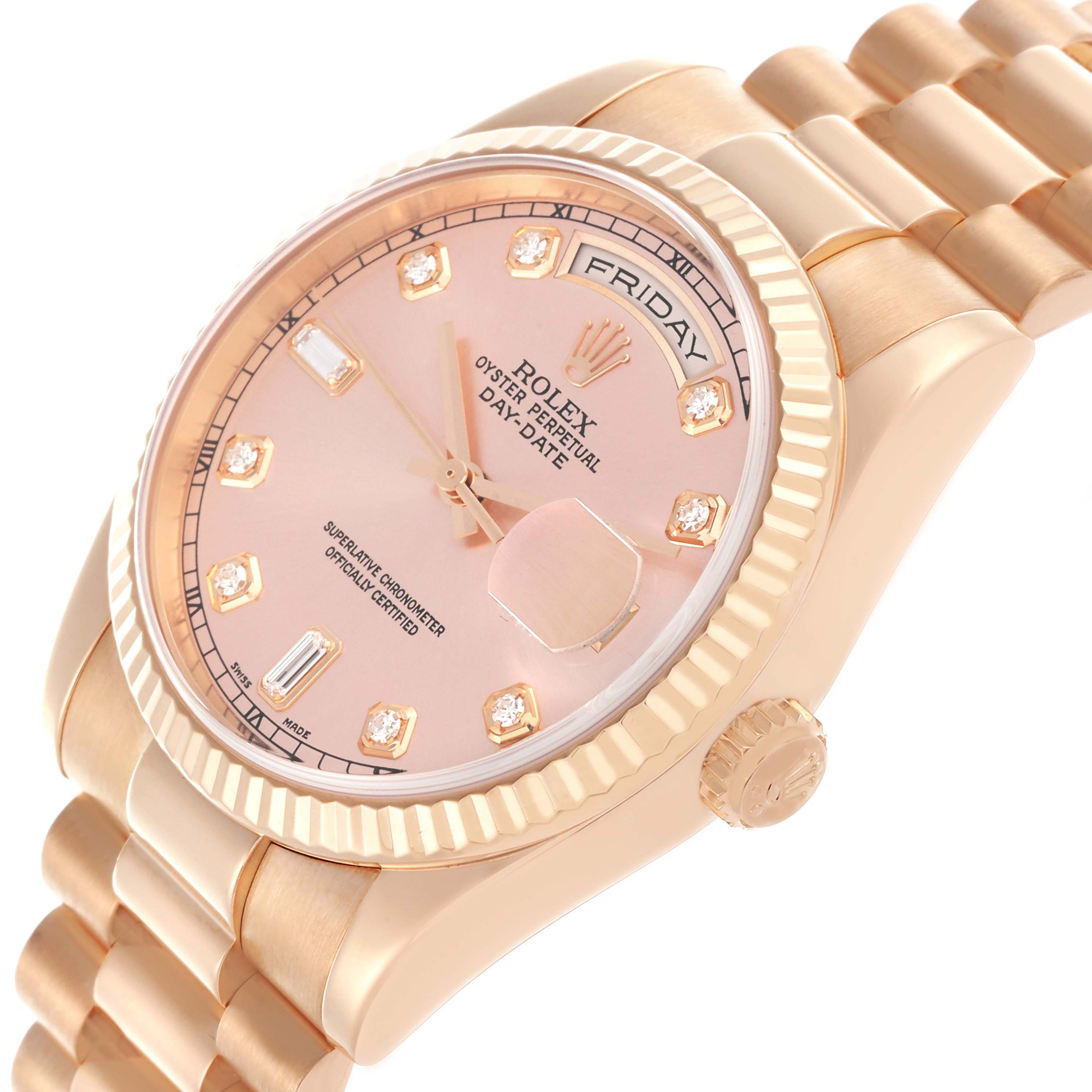 The Rolex President 118235 Men's Rose Gold Pink Dial 118235 Men's Rose Gold Pink Dial model is shown at an angle highlighting the dial, case, bezel, crown, and part of the bracelet.