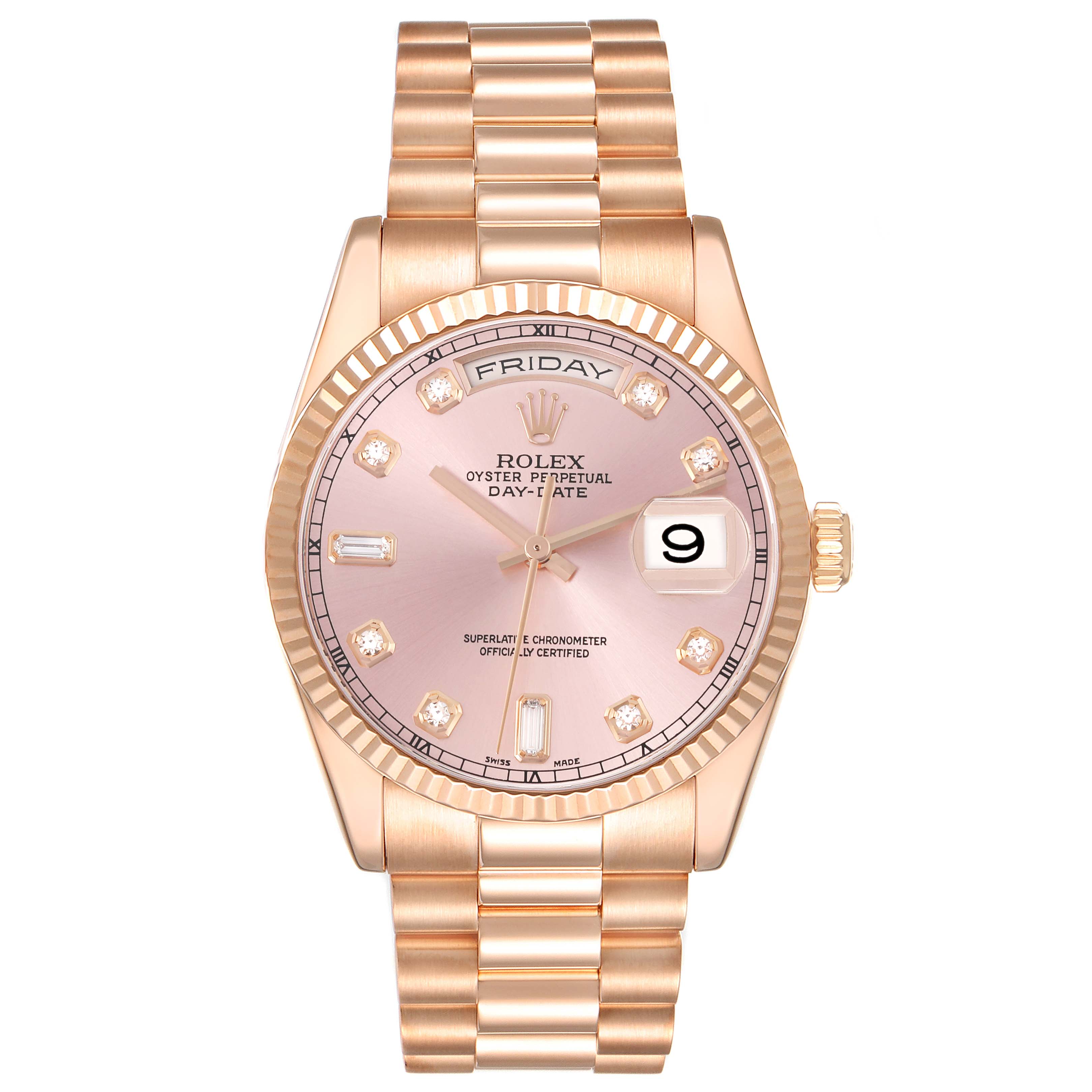 The Rolex President 118235 Men's Rose Gold Pink Dial 118235 Men's Rose Gold Pink Dial model watch is shown from a front angle, displaying its dial, bezel, case, bracelet, and crown.