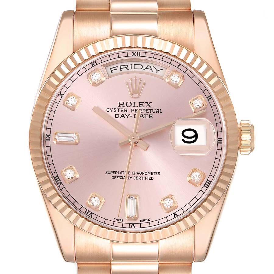 The Rolex President model is shown from a front angle highlighting the face, crown, and part of the bracelet.