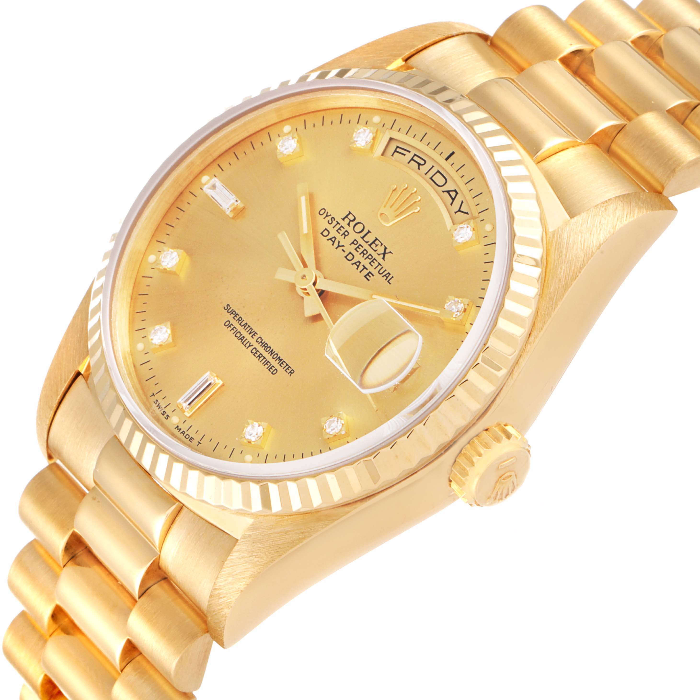 The image displays a Rolex President 18238 Men
s Yellow Gold Champagne Dial 18238 Men
s Yellow Gold Champagne Dial model watch at a slight angle, showing the face, bezel, crown, and part of the bracelet.