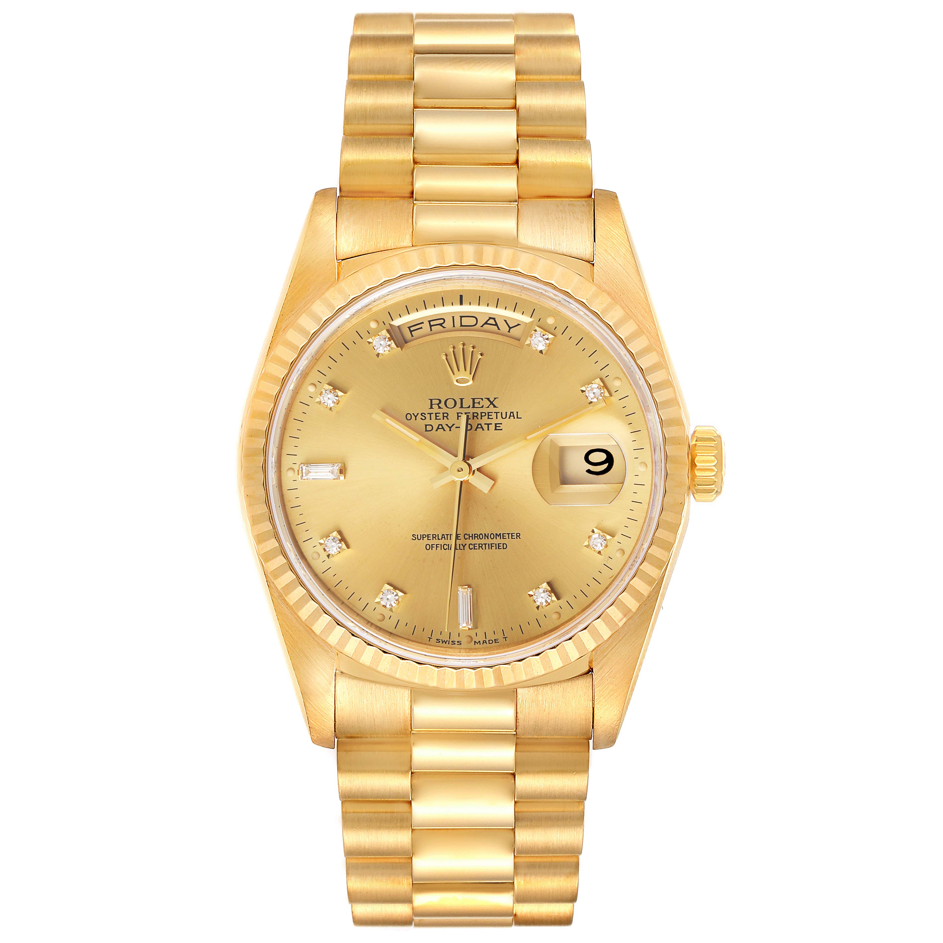 The image shows a front view of the gold Rolex President 18238 Men
s Yellow Gold Champagne Dial 18238 Men
s Yellow Gold Champagne Dial model watch, displaying its face, dial, and bracelet.