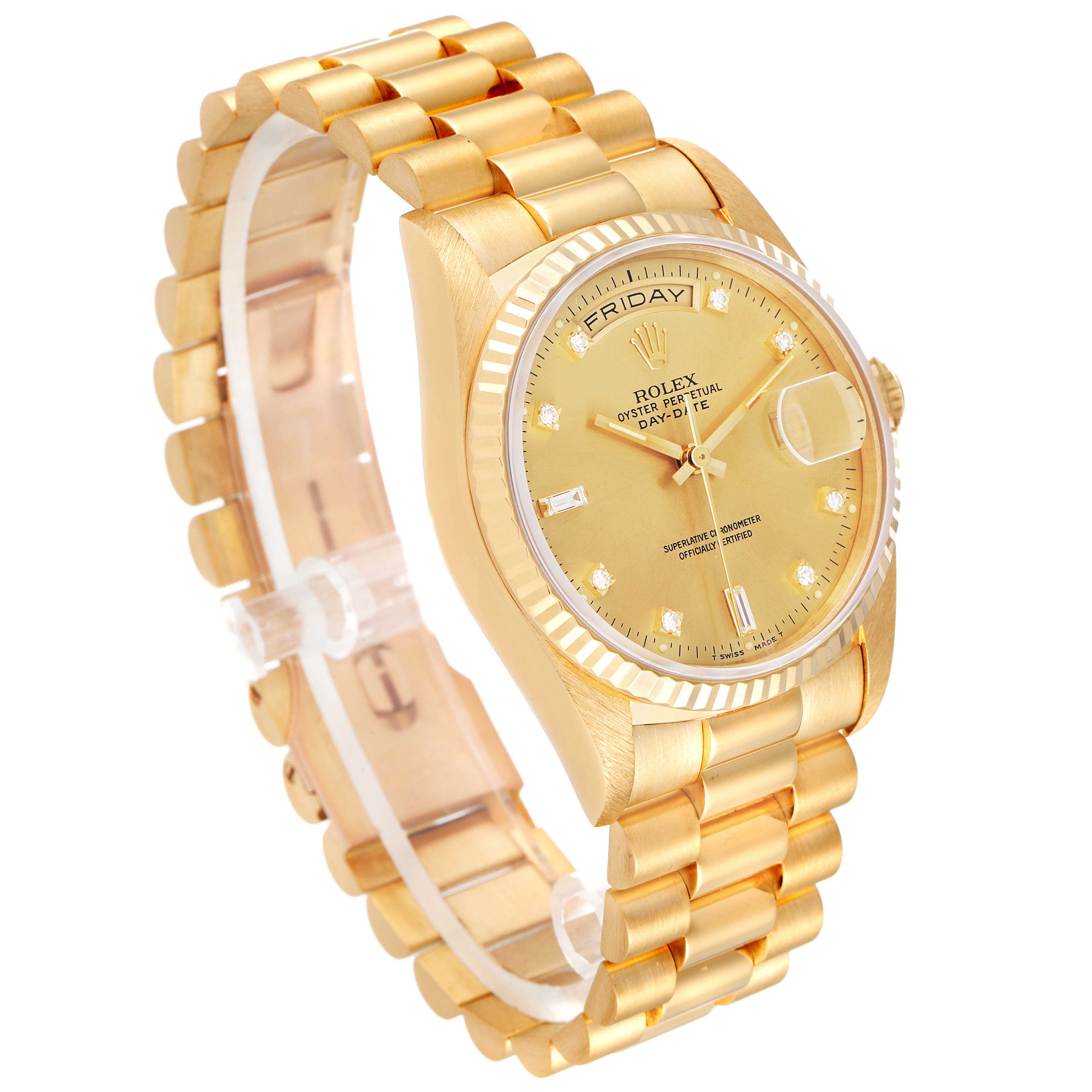 The image shows a side view of a Rolex President 18238 Men
s Yellow Gold Champagne Dial 18238 Men
s Yellow Gold Champagne Dial watch, highlighting its gold bracelet, dial, and day-date display.