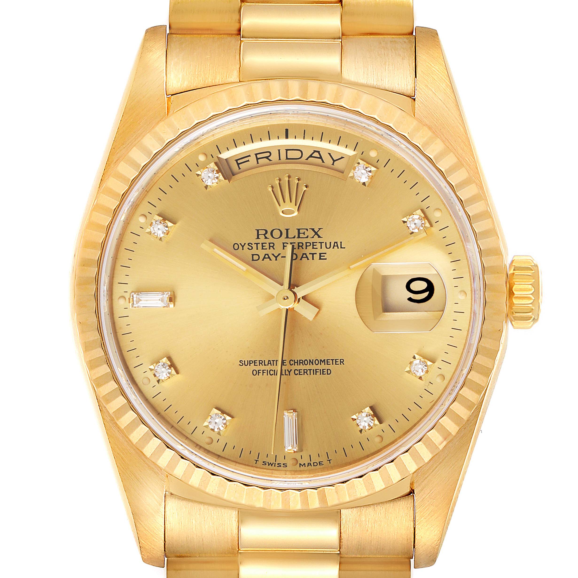 The image shows a close-up of the dial and bezel of a Rolex President 18238 Men
s Yellow Gold Champagne Dial 18238 Men
s Yellow Gold Champagne Dial Oyster Perpetual Day-Date watch in gold.