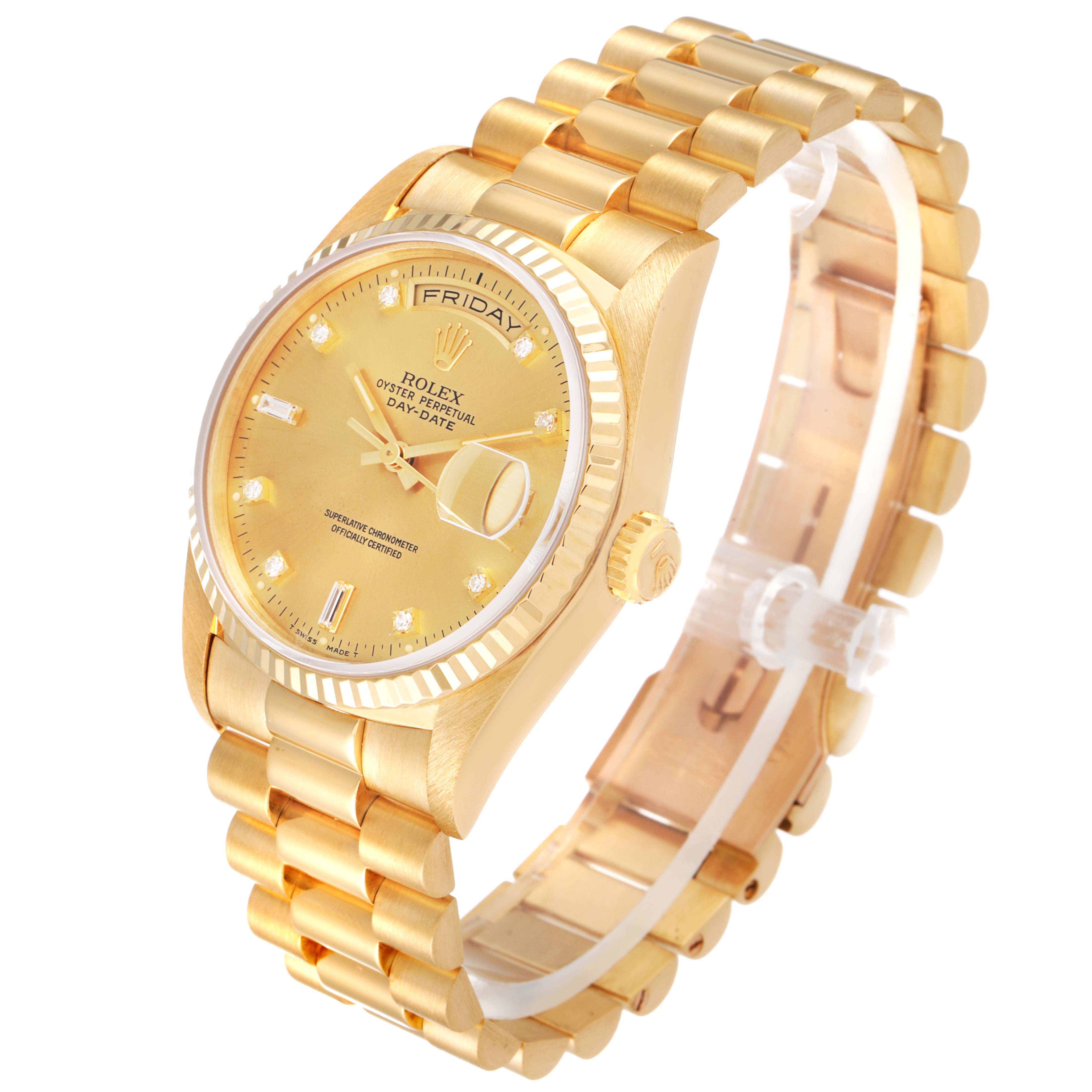 The Rolex President 18238 Men
s Yellow Gold Champagne Dial 18238 Men
s Yellow Gold Champagne Dial model watch is shown at an angle highlighting the face, bezel, and bracelet.