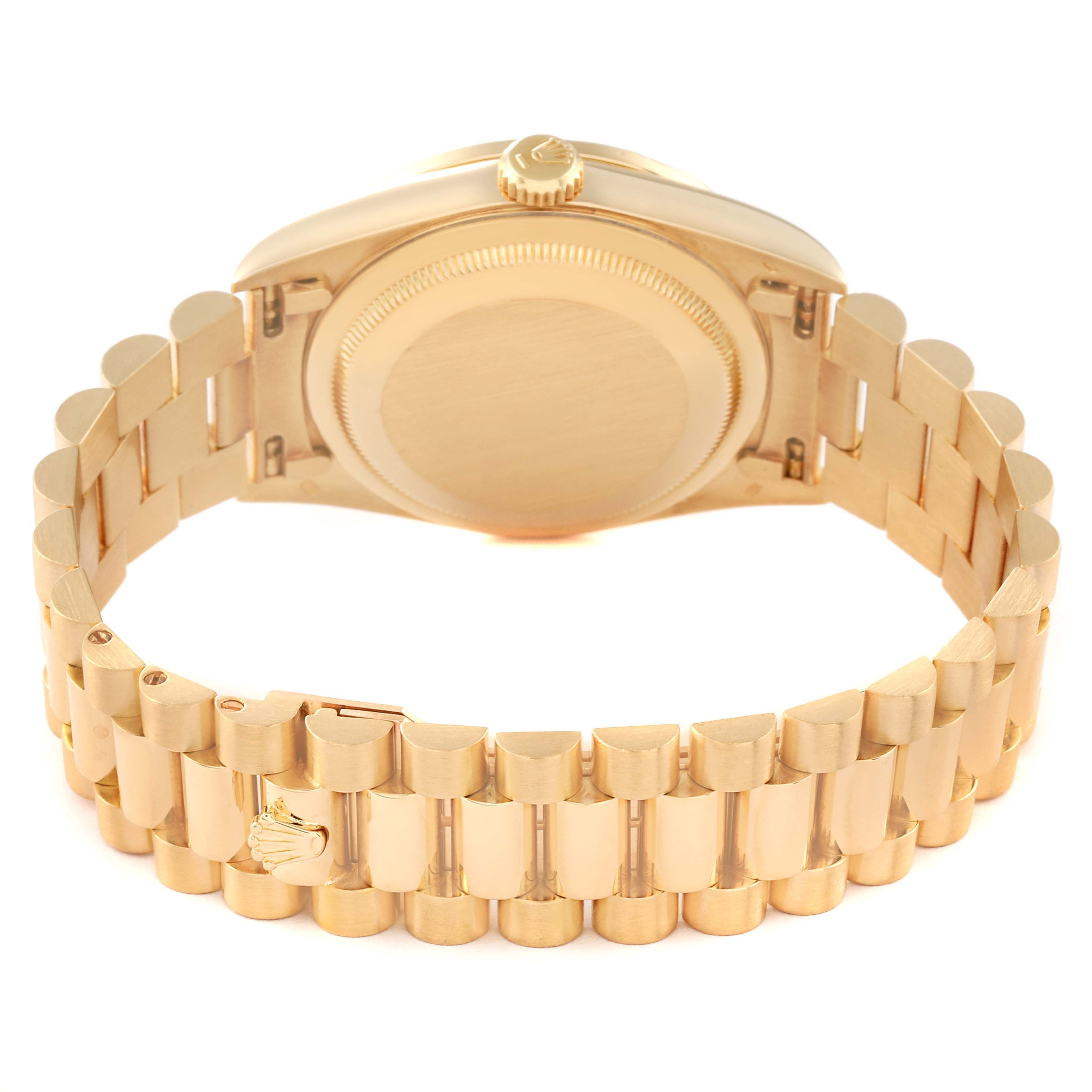 This image shows the back and bracelet of a Rolex President 18348 Men
s Yellow Gold Champagne Dial 18348 Men
s Yellow Gold Champagne Dial model watch.