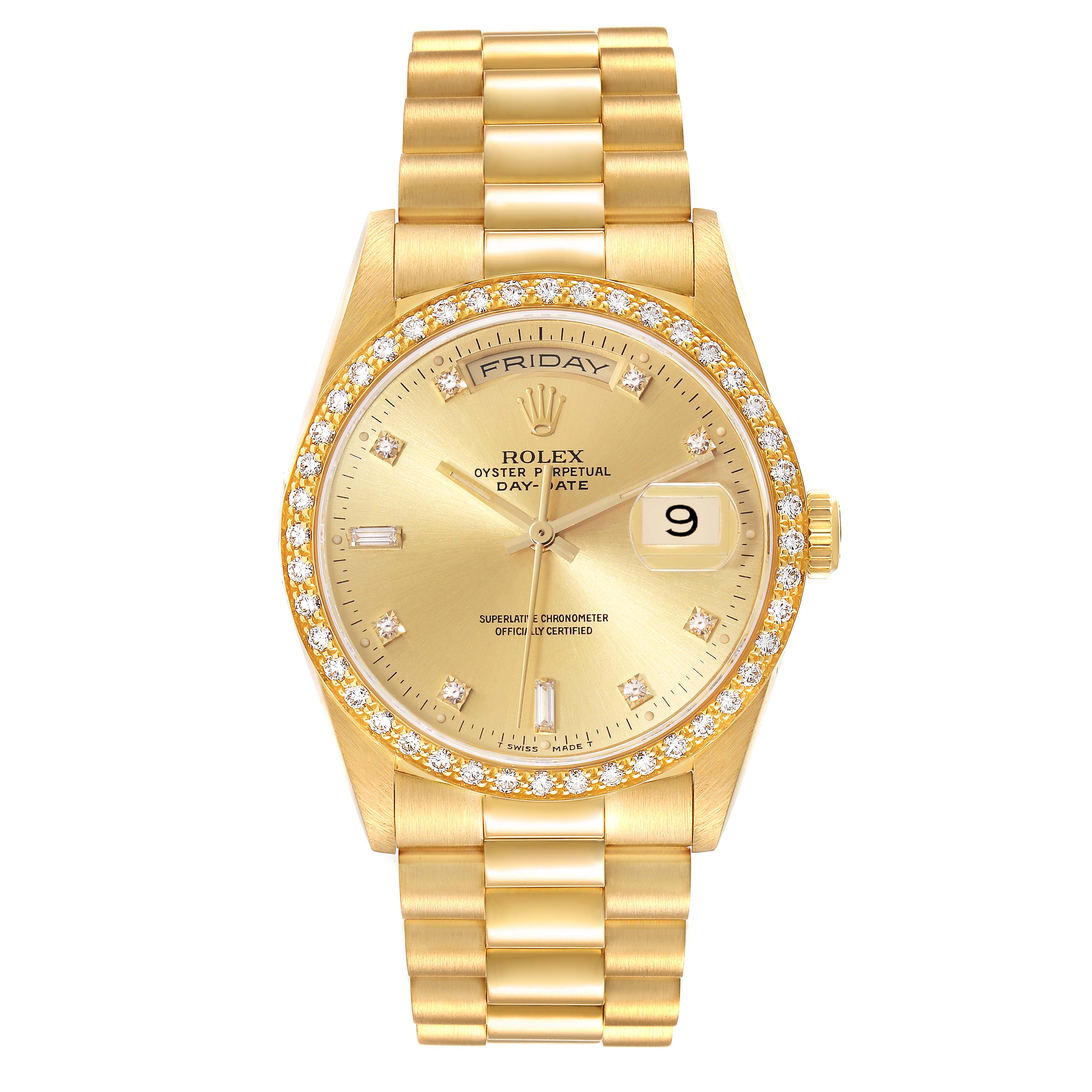 The image shows a Rolex President 18348 Men
s Yellow Gold Champagne Dial 18348 Men
s Yellow Gold Champagne Dial model watch from a front angle, highlighting the dial, bezel, case, and bracelet.