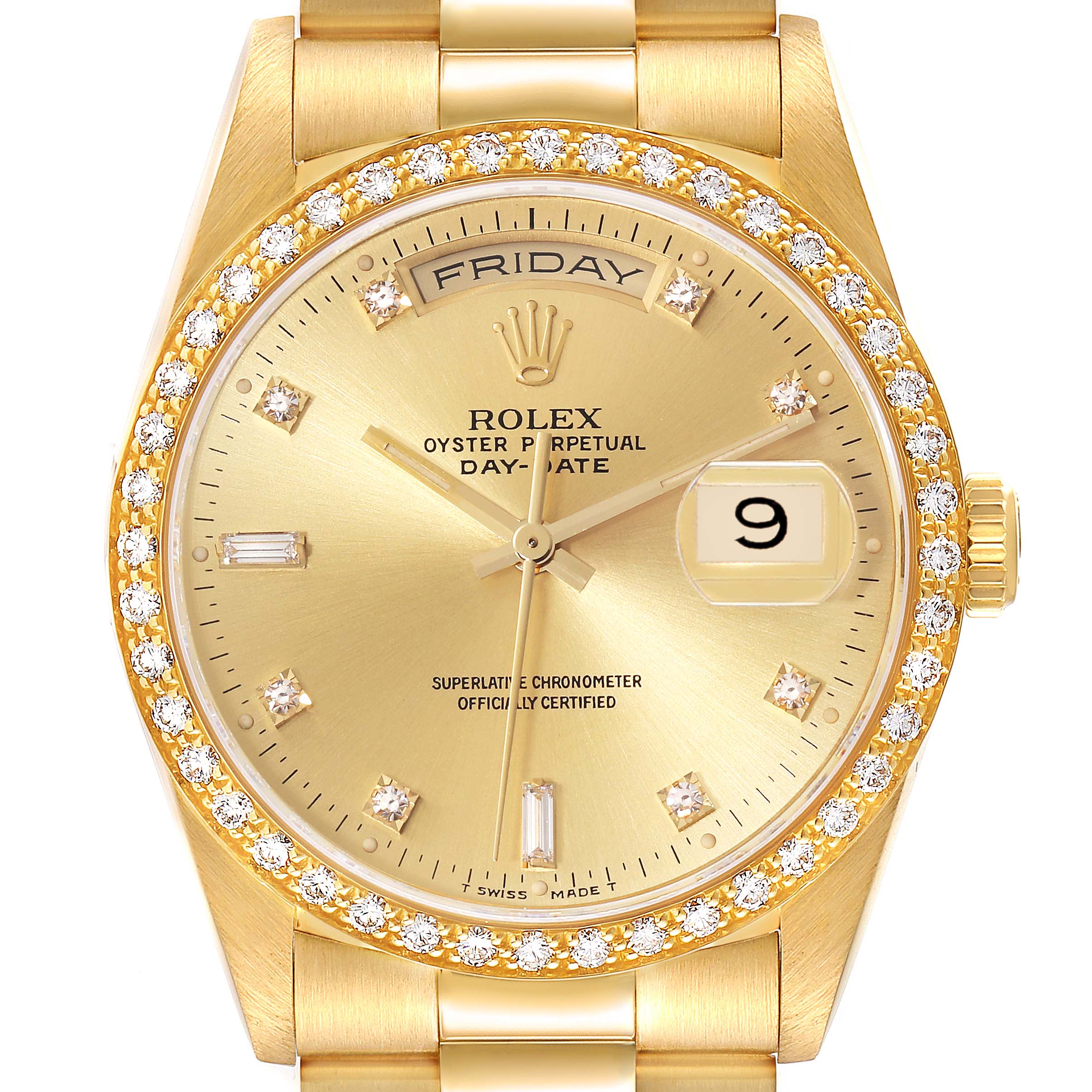 This image shows a frontal view of a Rolex President 18348 Men
s Yellow Gold Champagne Dial 18348 Men
s Yellow Gold Champagne Dial model watch with its dial, day/date display, and diamond-studded bezel.