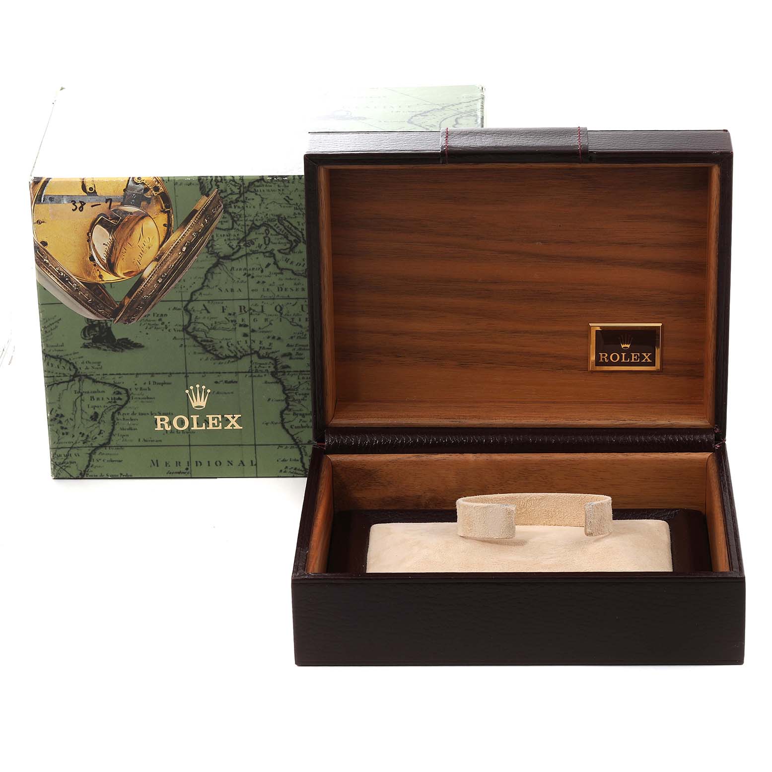The image shows the box and packaging for a Rolex President 18348 Men
s Yellow Gold Champagne Dial 18348 Men
s Yellow Gold Champagne Dial model watch, with the watch box open and the branded outer box visible.