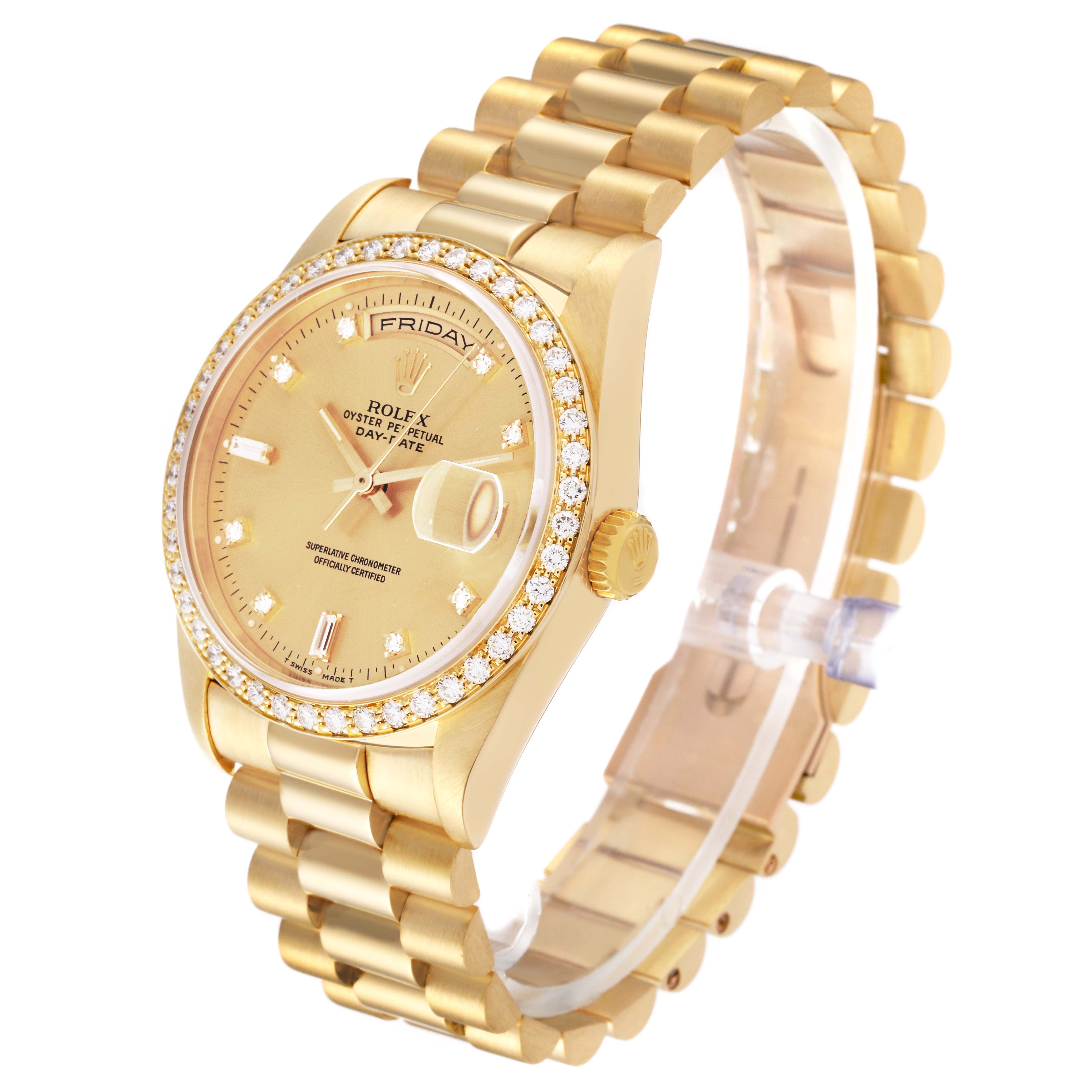 This image shows a Rolex President 18348 Men
s Yellow Gold Champagne Dial 18348 Men
s Yellow Gold Champagne Dial model from an angled side view, highlighting the bezel, face, and bracelet.