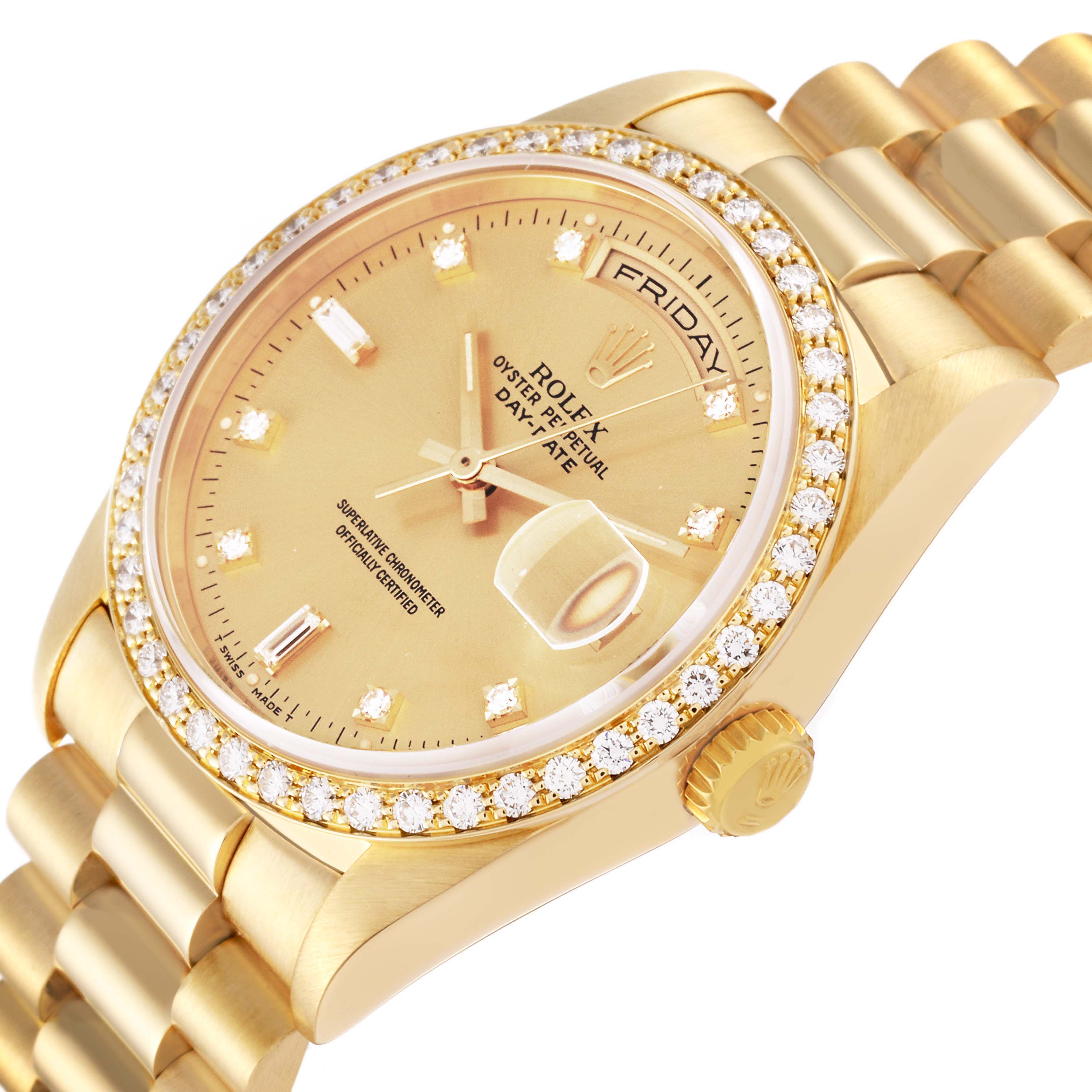 This image shows a close-up, angled view of the Rolex President 18348 Men
s Yellow Gold Champagne Dial 18348 Men
s Yellow Gold Champagne Dial Day-Date watch, highlighting the dial, bezel, and part of the bracelet.