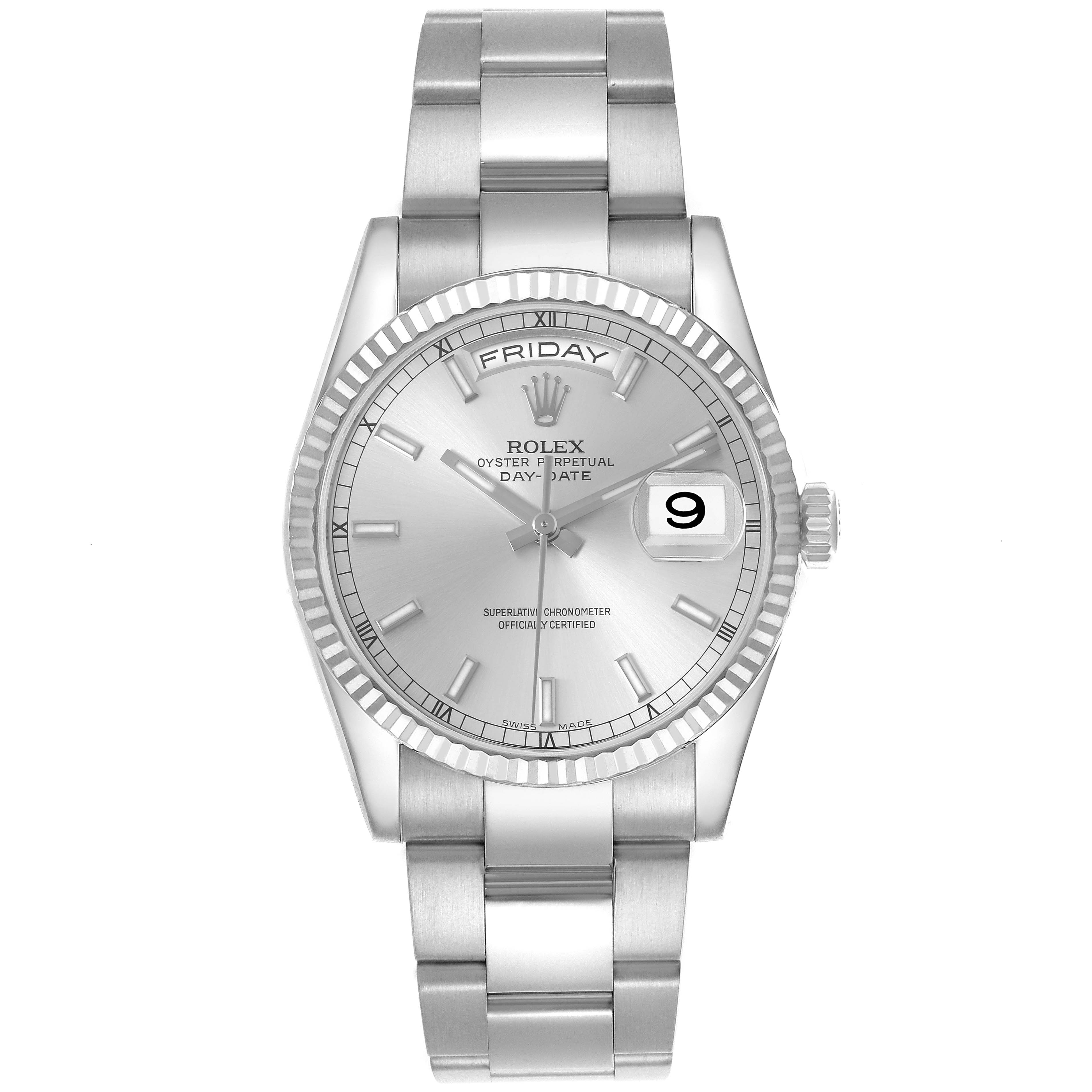 The Rolex President 118239 Men's White Gold Silver Dial 118239 Men's White Gold Silver Dial model is shown from a front angle, displaying the dial, bracelet, and day-date features.
