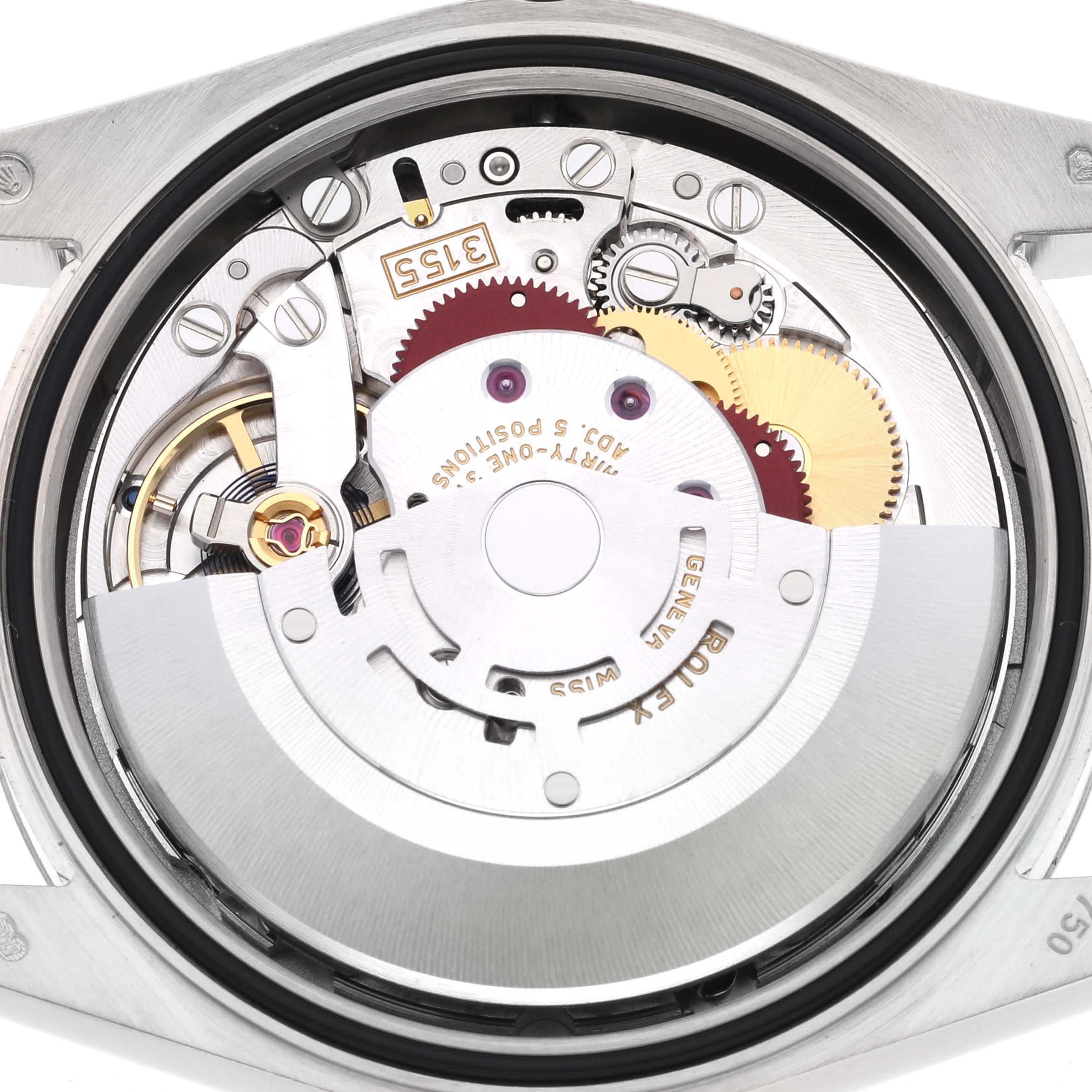 The image shows the internal mechanisms of a Rolex President 118239 Men's White Gold Silver Dial 118239 Men's White Gold Silver Dial watch from the back, highlighting gears and the rotor.