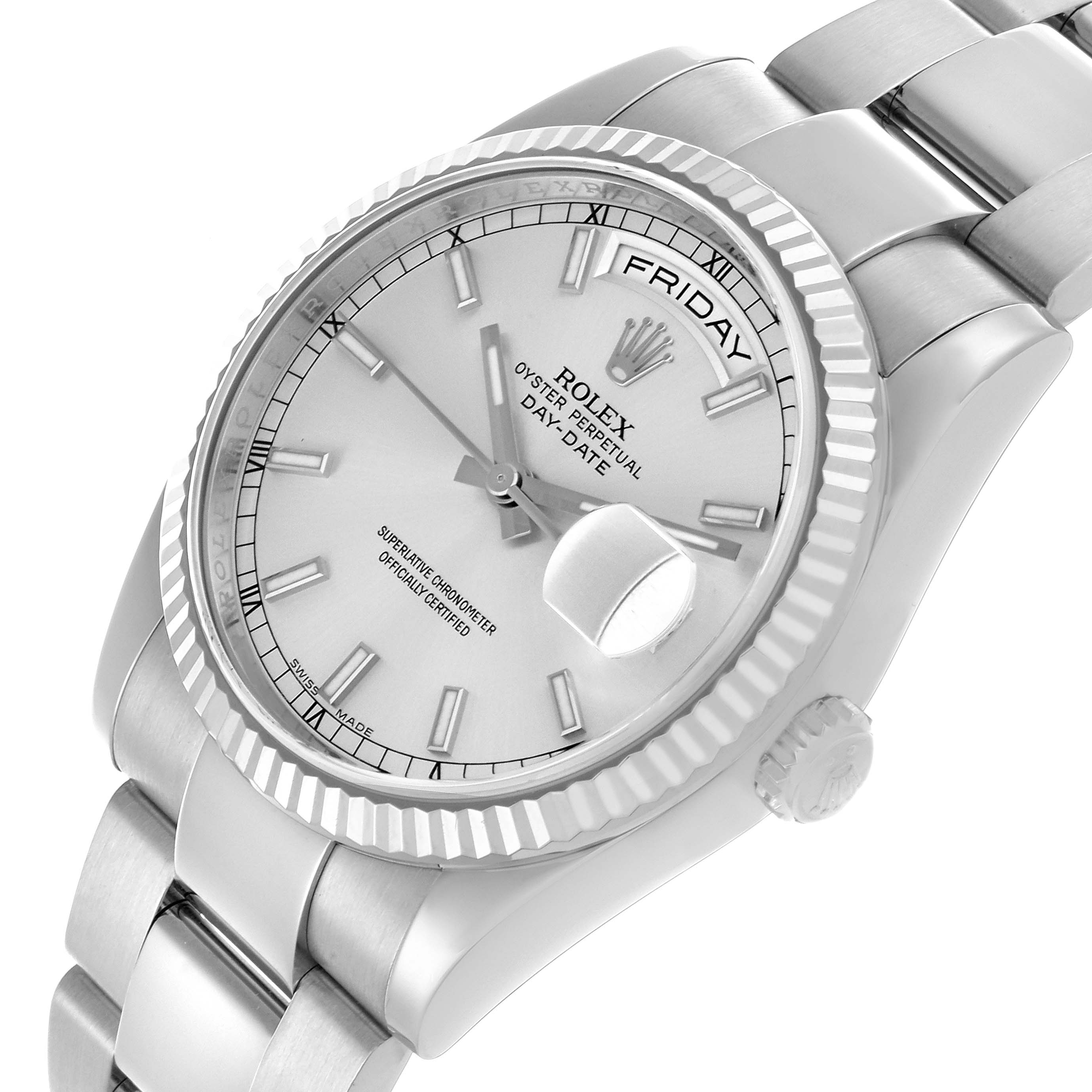 The Rolex President 118239 Men's White Gold Silver Dial 118239 Men's White Gold Silver Dial model watch is shown at an angled view, highlighting its face, bezel, crown, and part of the bracelet.