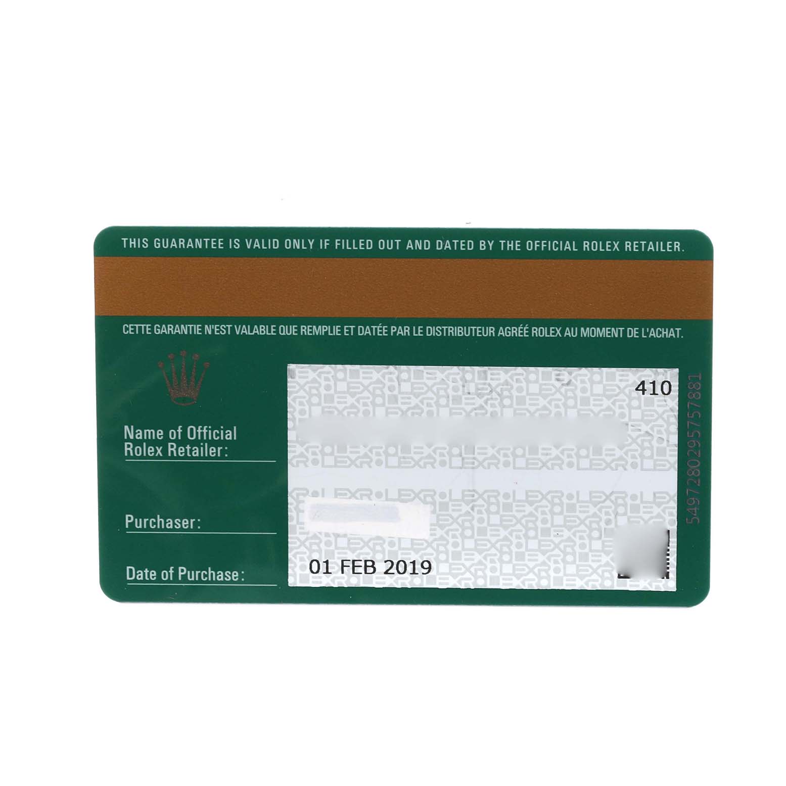 The image shows a guarantee card for the Rolex President 118239 Men's White Gold Silver Dial 118239 Men's White Gold Silver Dial model watch, featuring brand and purchase details.