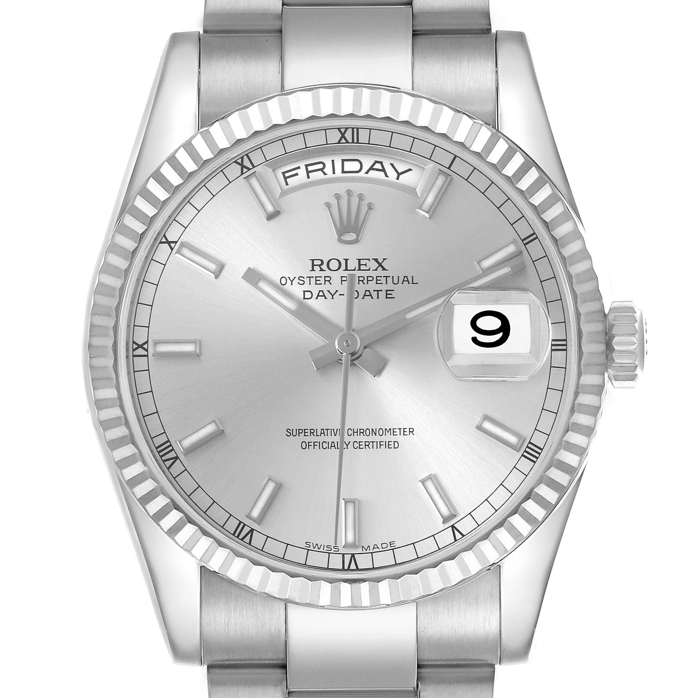 The image shows a front view of the Rolex President 118239 Men's White Gold Silver Dial 118239 Men's White Gold Silver Dial model, highlighting the dial, bezel, crown, and part of the bracelet.