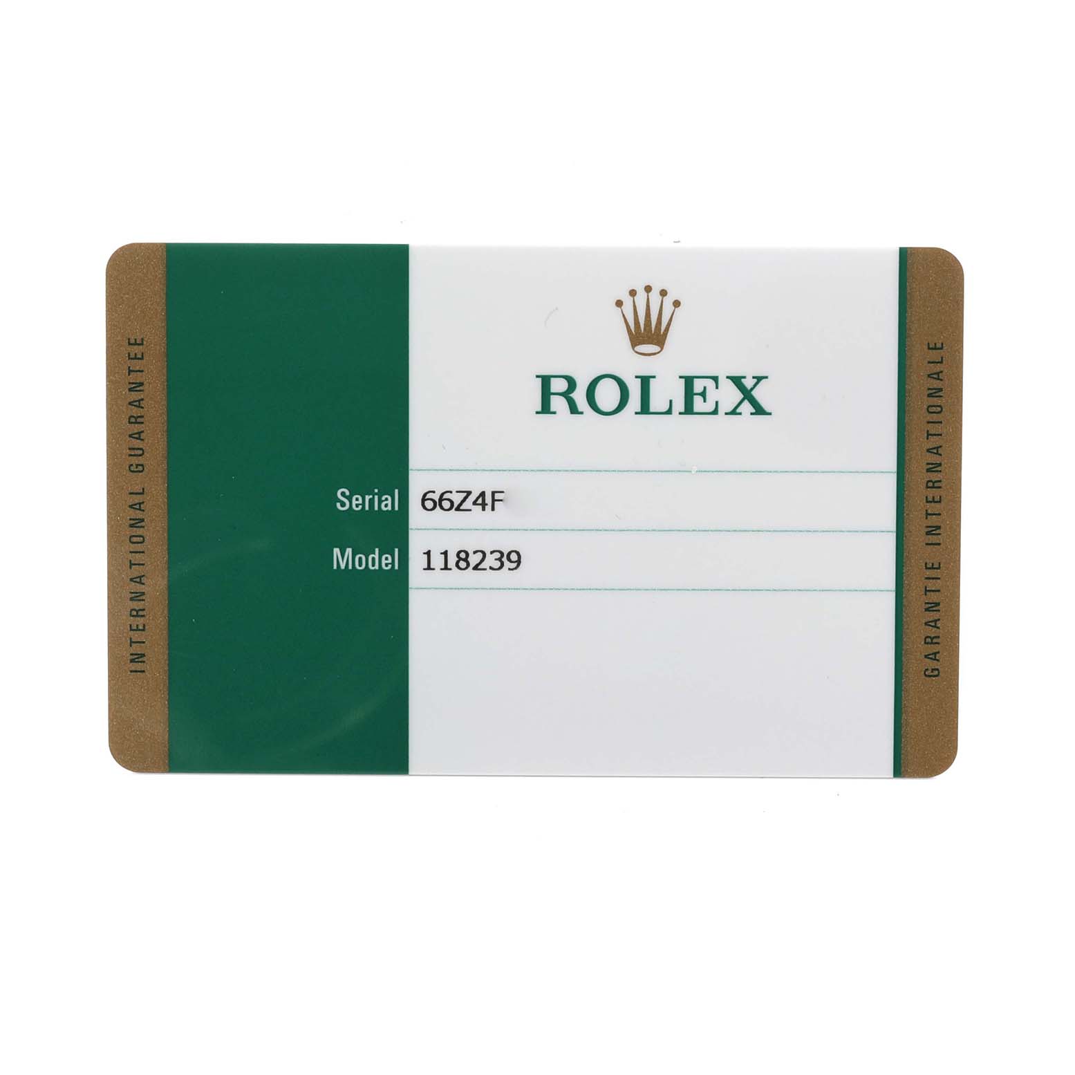 This image shows the international guarantee card for the Rolex President 118239 Men's White Gold Silver Dial 118239 Men's White Gold Silver Dial model.