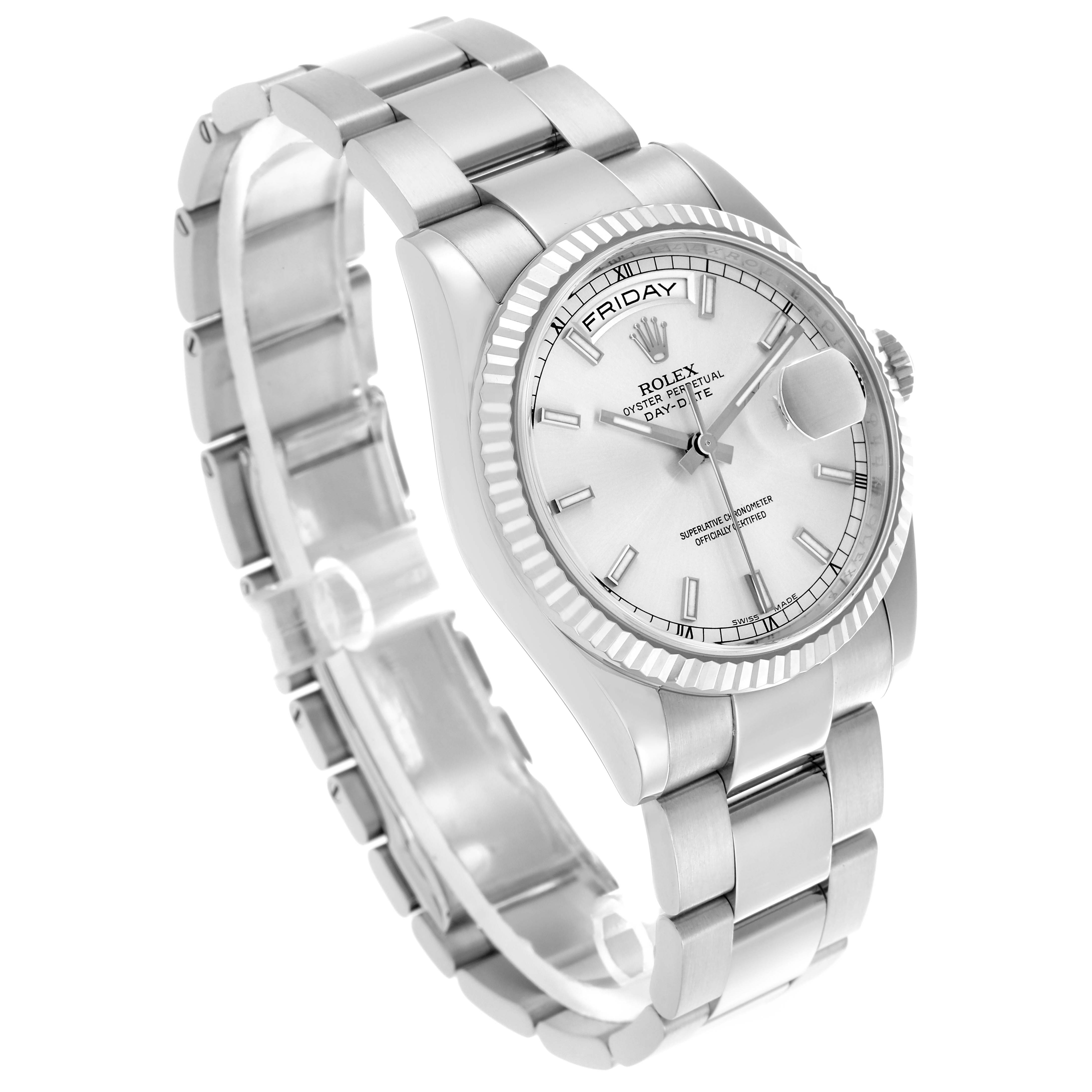 The Rolex President 118239 Men's White Gold Silver Dial 118239 Men's White Gold Silver Dial watch is shown at a three-quarter angle, highlighting the face, bracelet, and bezel.