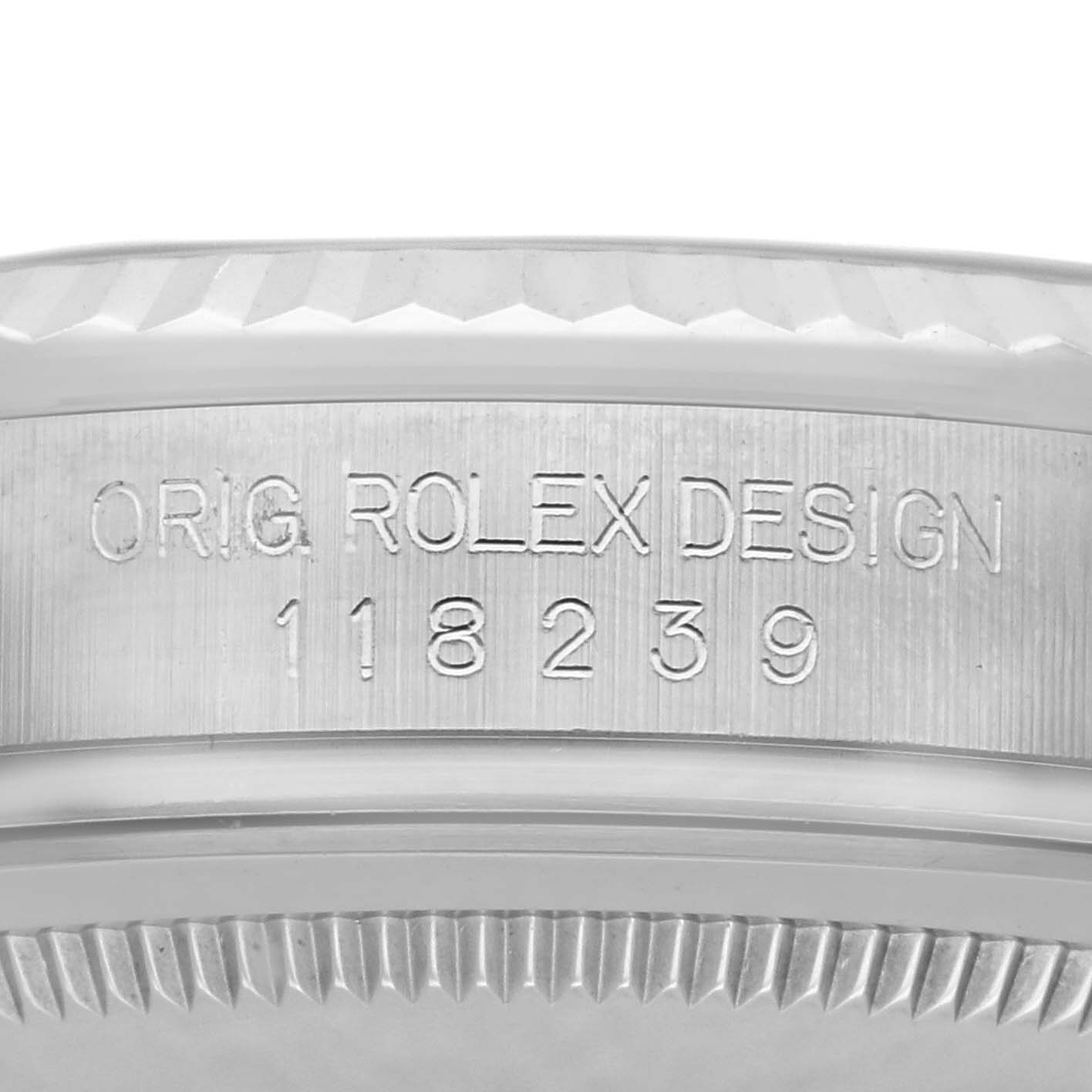 The image shows the side view of the Rolex President 118239 Men's White Gold Silver Dial 118239 Men's White Gold Silver Dial watch, highlighting the engraved model number on the bezel.