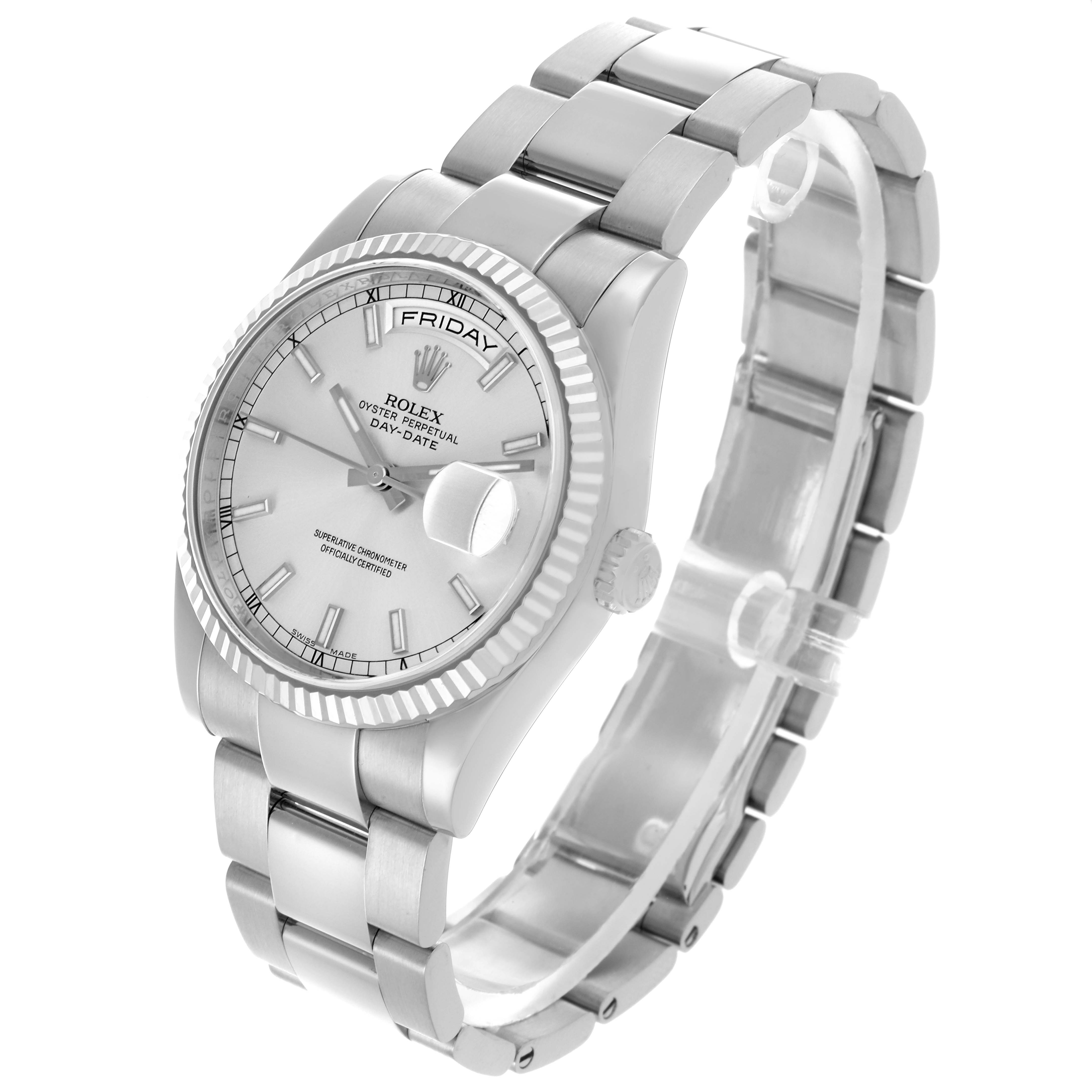 The Rolex President 118239 Men's White Gold Silver Dial 118239 Men's White Gold Silver Dial model is shown at a slight angle, displaying the full face, bezel, and bracelet.