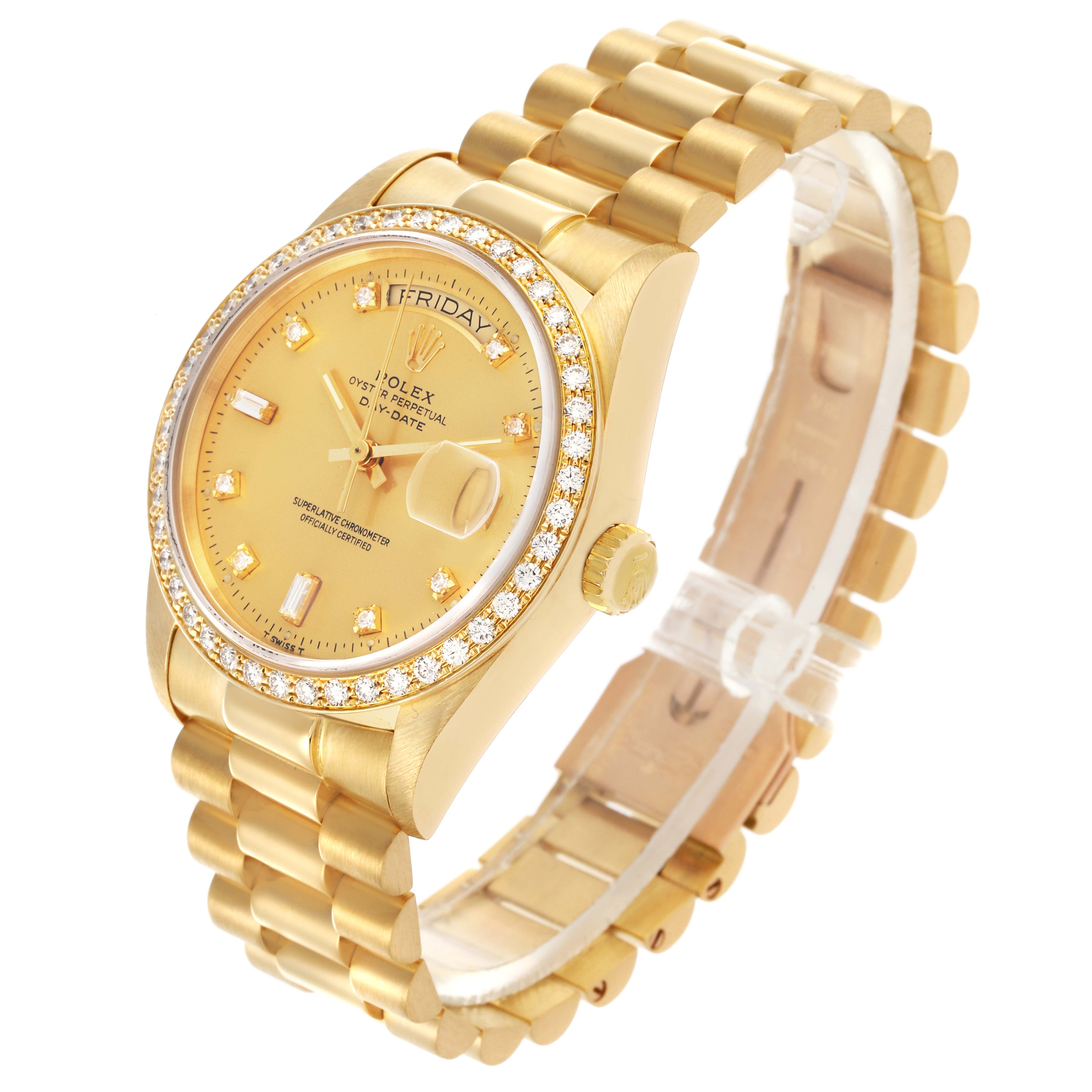 The Rolex President 18048 Men's Yellow Gold Champagne Dial 18048 Men's Yellow Gold Champagne Dial model watch is shown at a three-quarter angle, displaying the dial, bezel, crown, and bracelet.