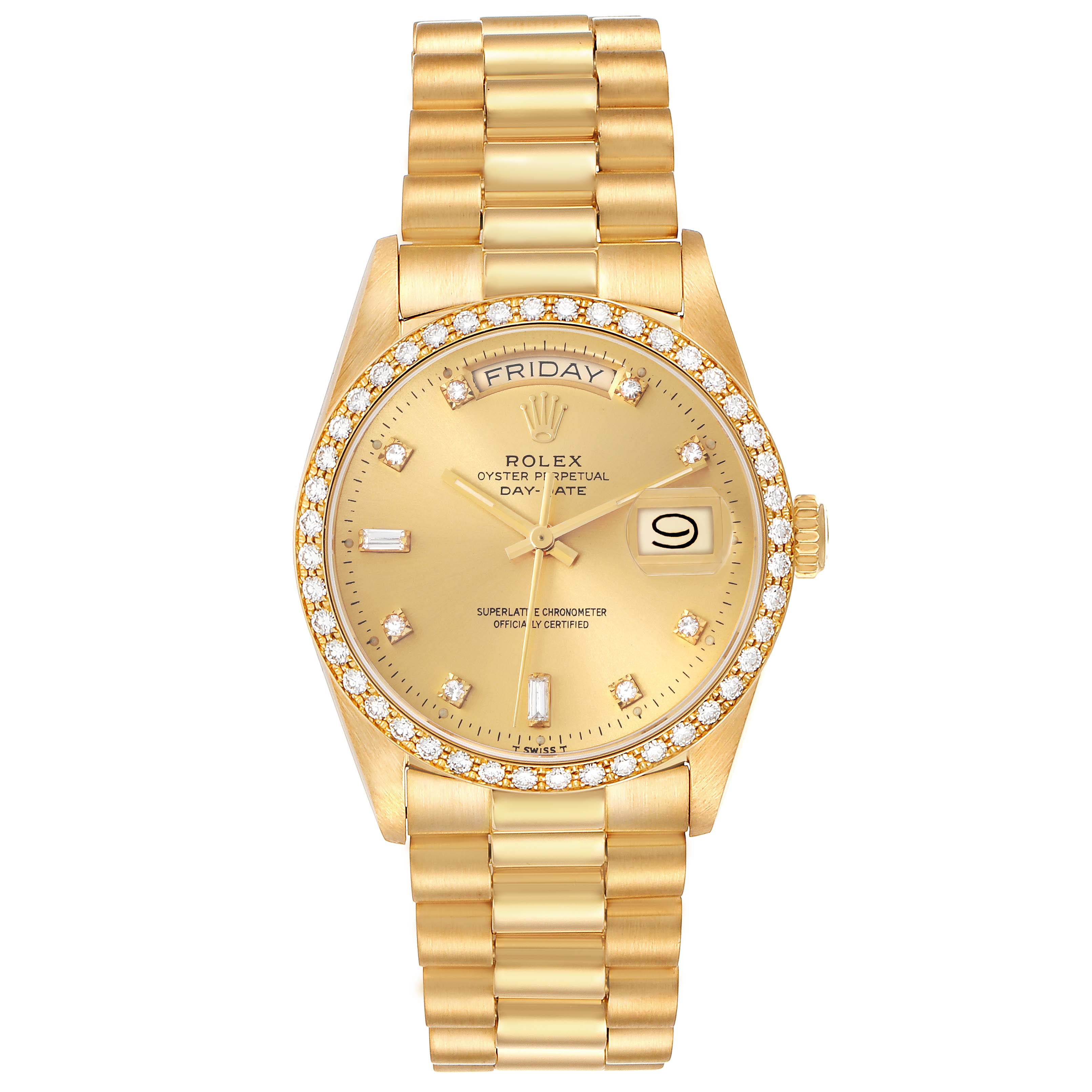 The Rolex President 18048 Men's Yellow Gold Champagne Dial 18048 Men's Yellow Gold Champagne Dial model is shown from the top, highlighting the gold case, diamond bezel, gold bracelet, and face details.