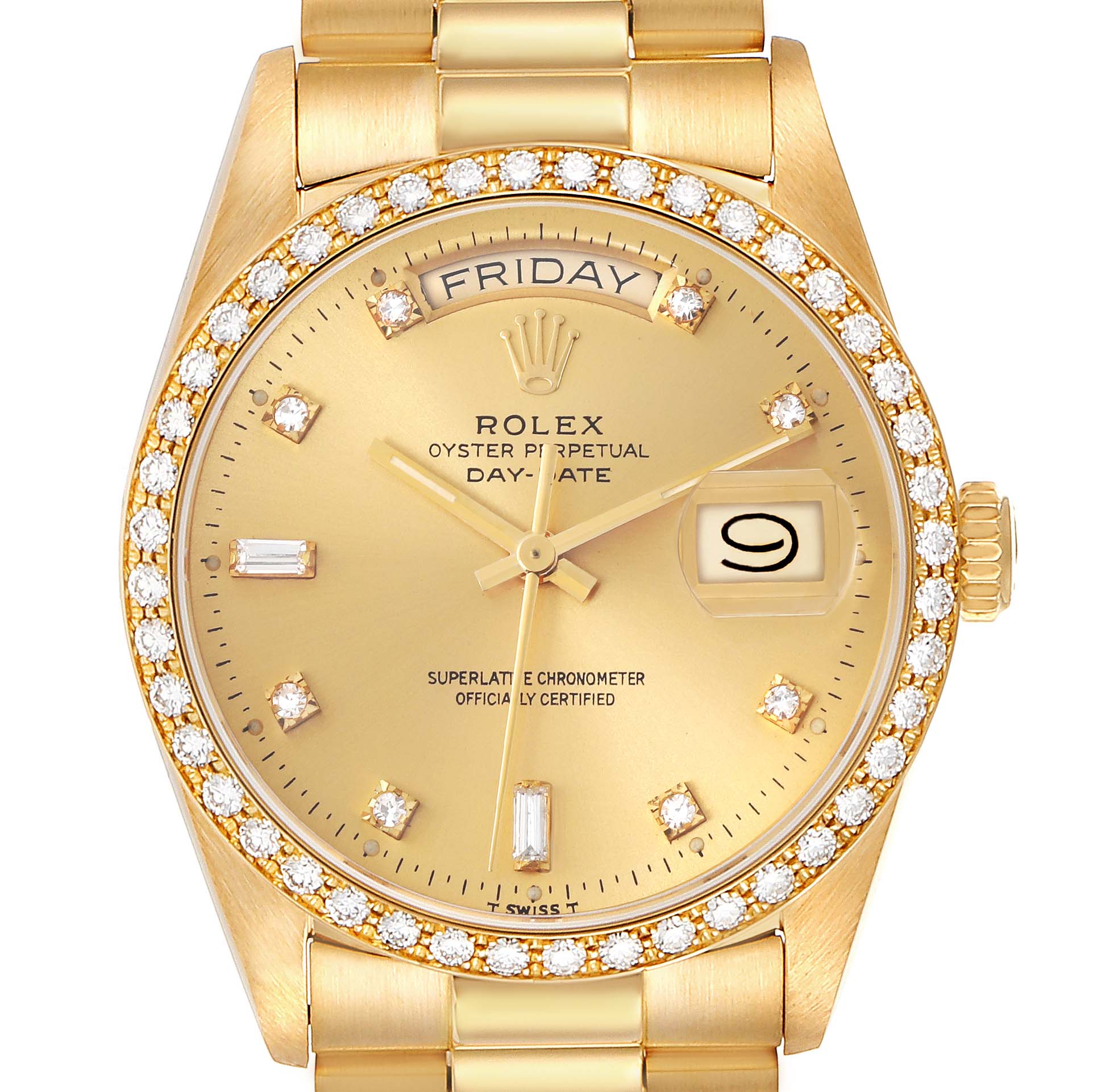 The Rolex President 18048 Men's Yellow Gold Champagne Dial 18048 Men's Yellow Gold Champagne Dial watch is shown from the front, displaying the dial, bezel with diamonds, day, and date.