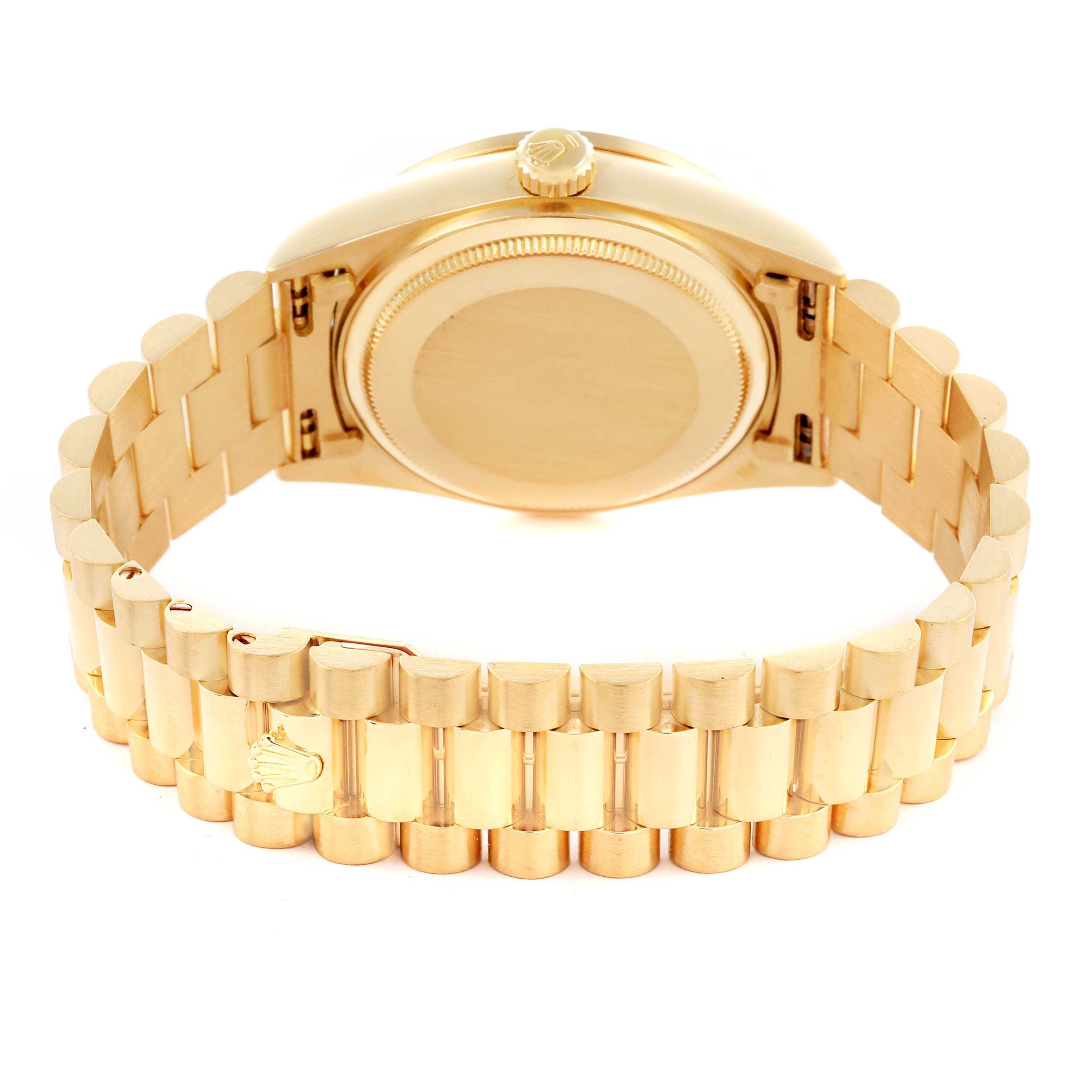 The image shows the back case and bracelet of a Rolex President 18048 Men's Yellow Gold Champagne Dial 18048 Men's Yellow Gold Champagne Dial model from a rear angle.
