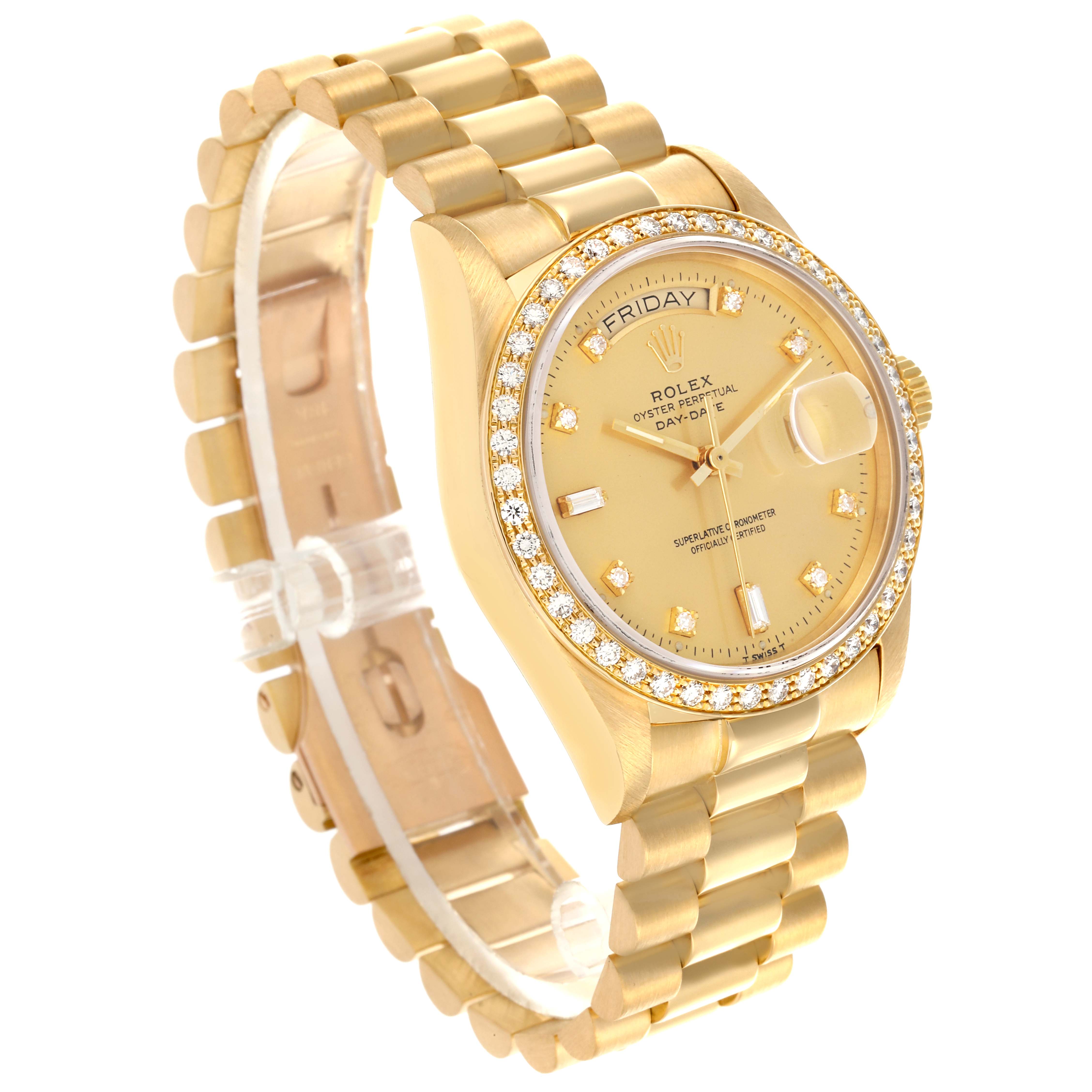 The Rolex President 18048 Men's Yellow Gold Champagne Dial 18048 Men's Yellow Gold Champagne Dial watch is shown at an angled view highlighting its dial, bezel, and bracelet.
