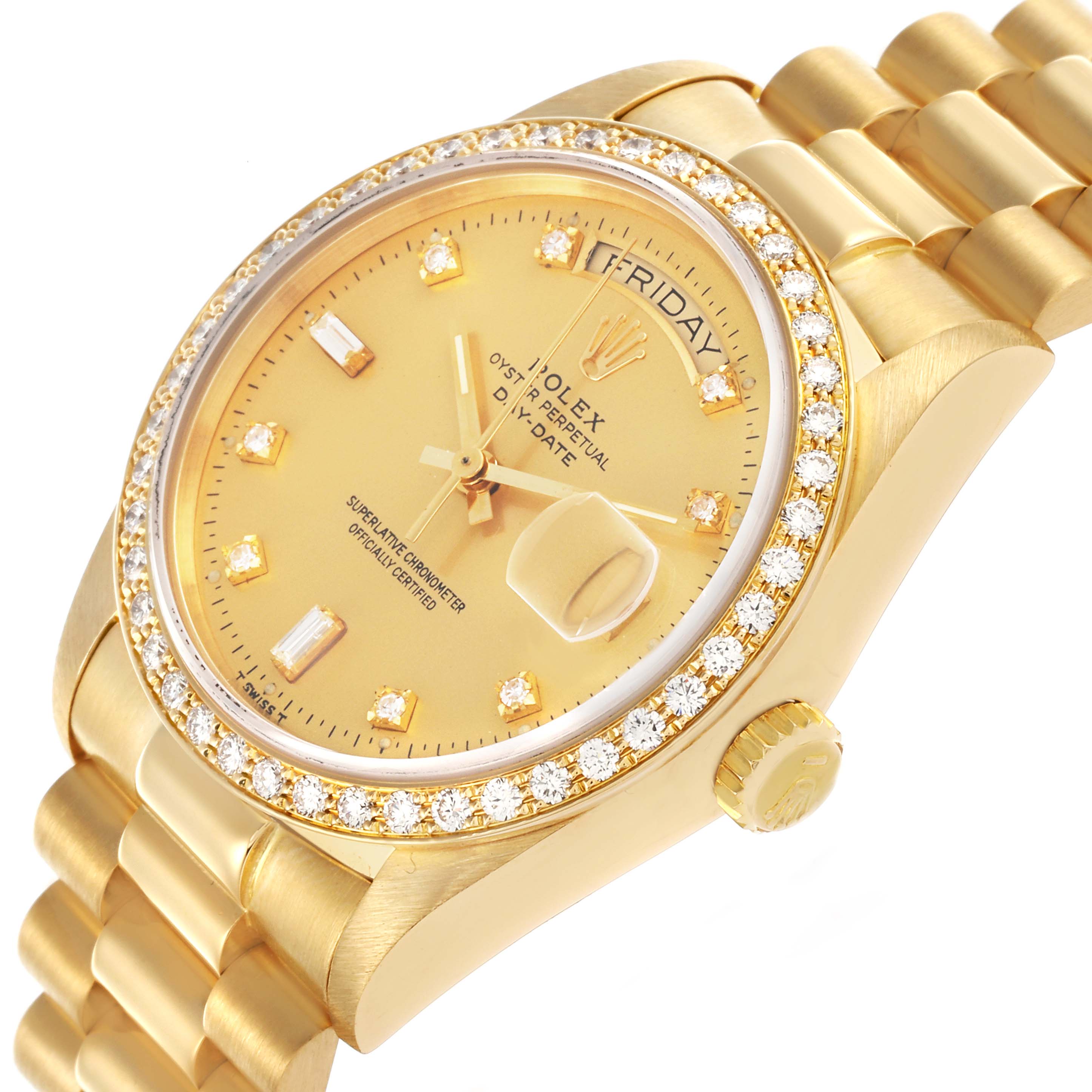 The Rolex President 18048 Men's Yellow Gold Champagne Dial 18048 Men's Yellow Gold Champagne Dial watch is shown at an angle highlighting the face, diamond bezel, crown, and part of the bracelet.
