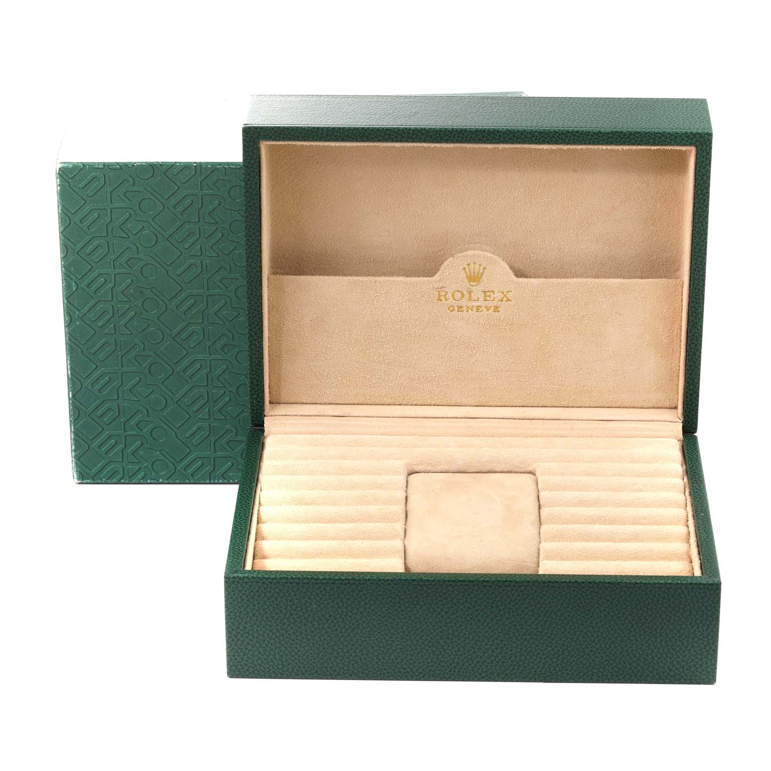 The image shows an open green Rolex President 18388 Men
s Yellow Gold Champagne Dial 18388 Men
s Yellow Gold Champagne Dial model watch box, featuring a beige interior with compartments for watch storage.