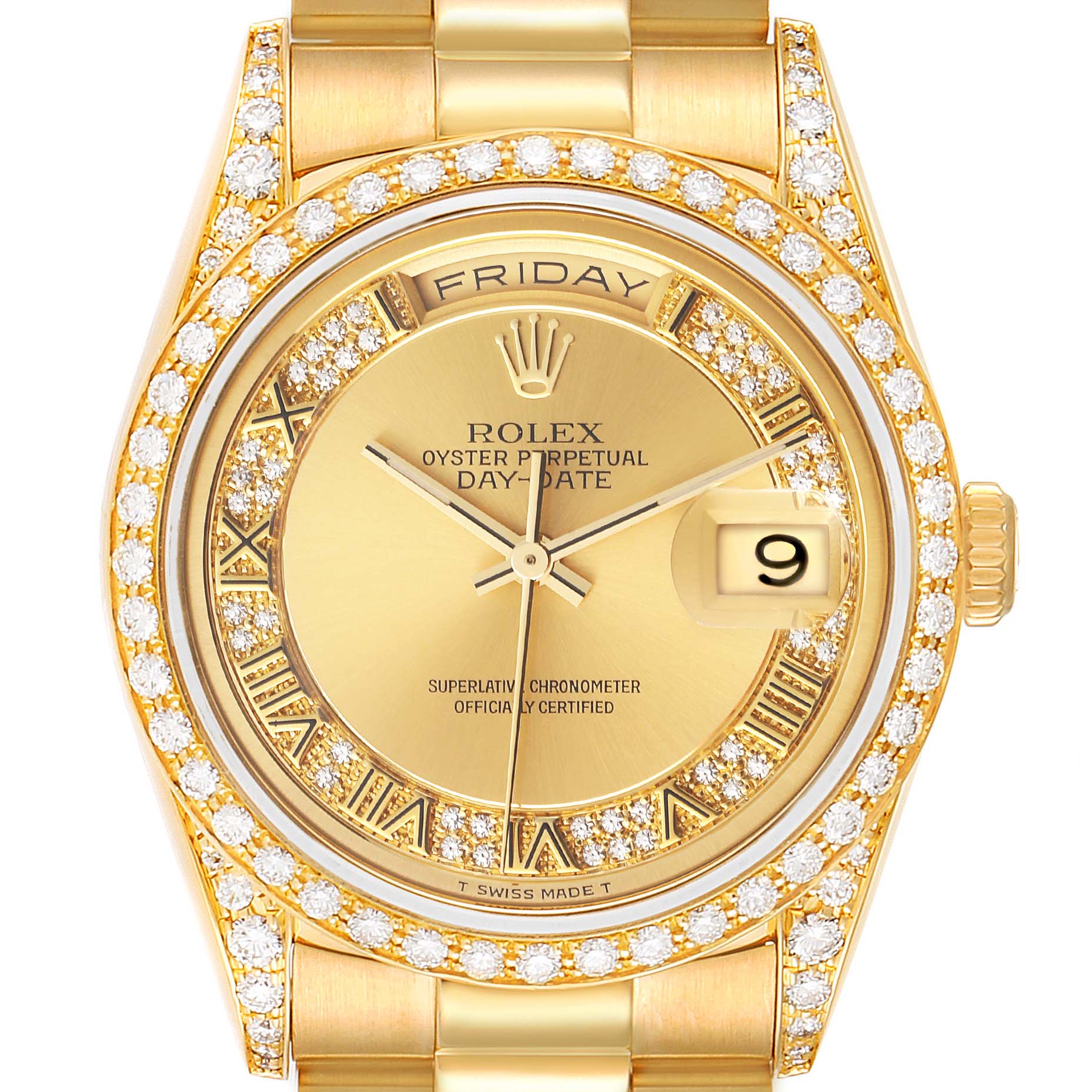 The Rolex President 18388 Men
s Yellow Gold Champagne Dial 18388 Men
s Yellow Gold Champagne Dial model is shown from a front angle, highlighting its gold dial, diamond bezel, day-date display, and gold bracelet.
