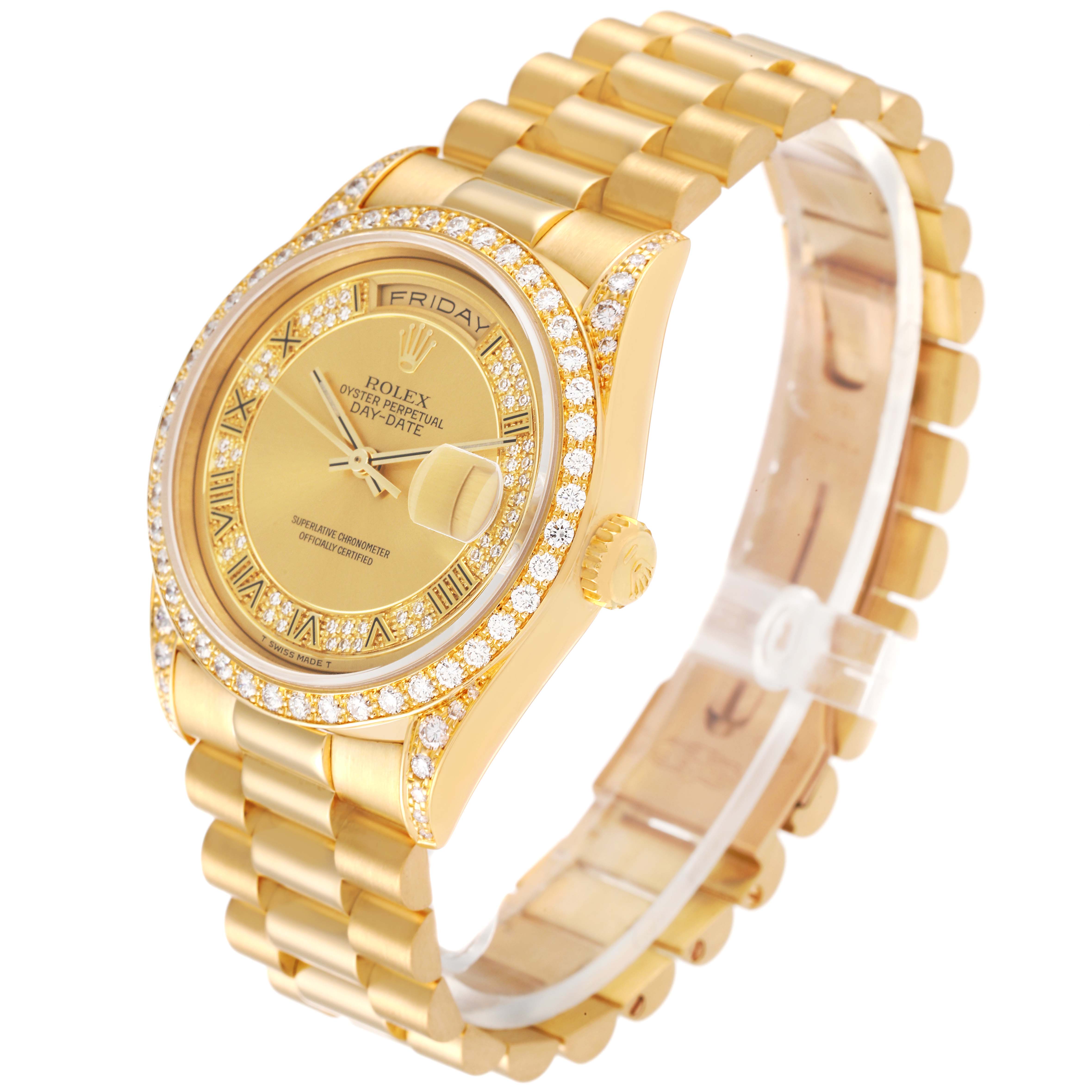 The image shows a Rolex President 18388 Men
s Yellow Gold Champagne Dial 18388 Men
s Yellow Gold Champagne Dial model watch from a three-quarter angle, displaying its gold bracelet, diamond-encrusted bezel, and dial.