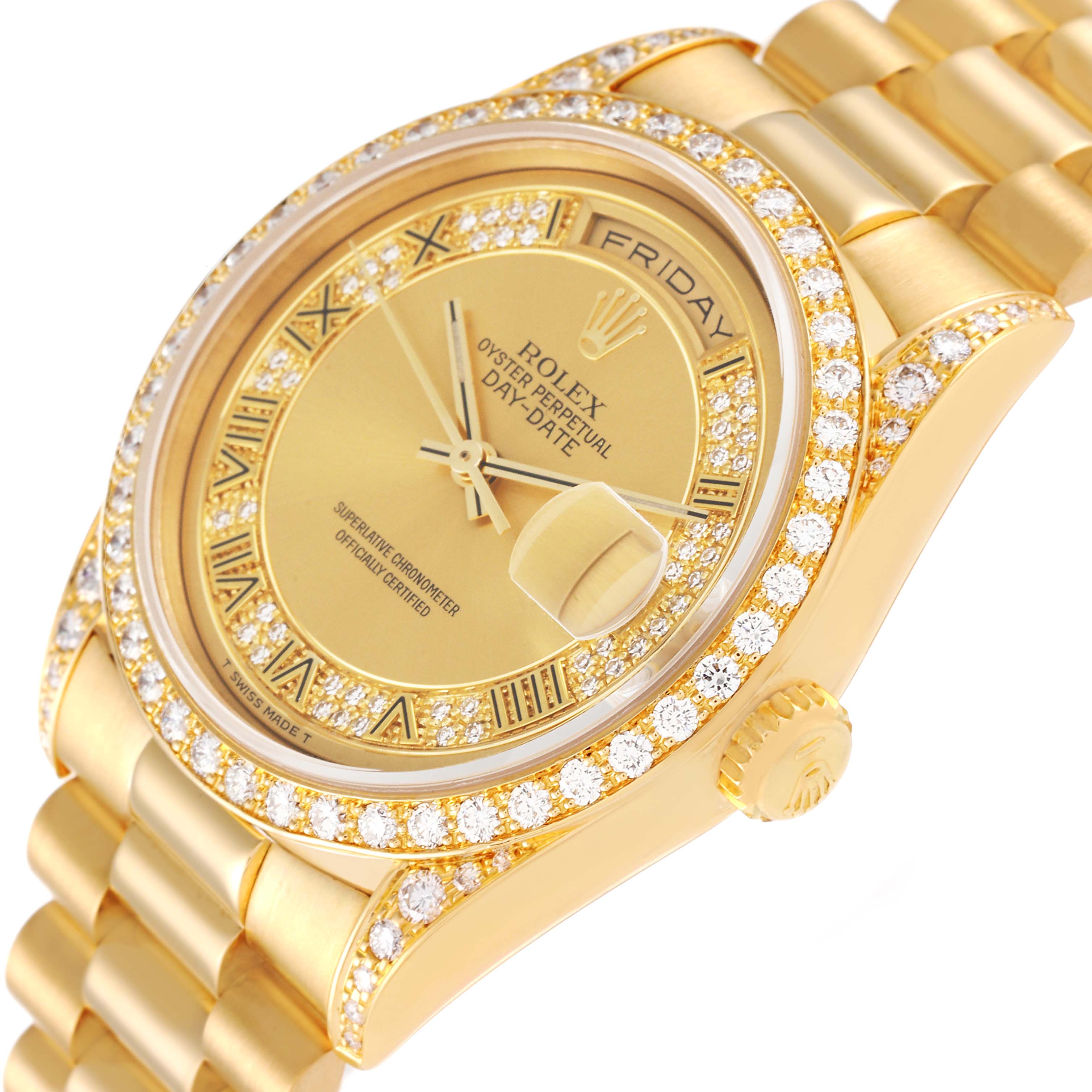 The image shows a close-up angle of the Rolex President 18388 Men
s Yellow Gold Champagne Dial 18388 Men
s Yellow Gold Champagne Dial model watch, highlighting its gold finish, Roman numeral markers, diamond bezel, and bracelet.