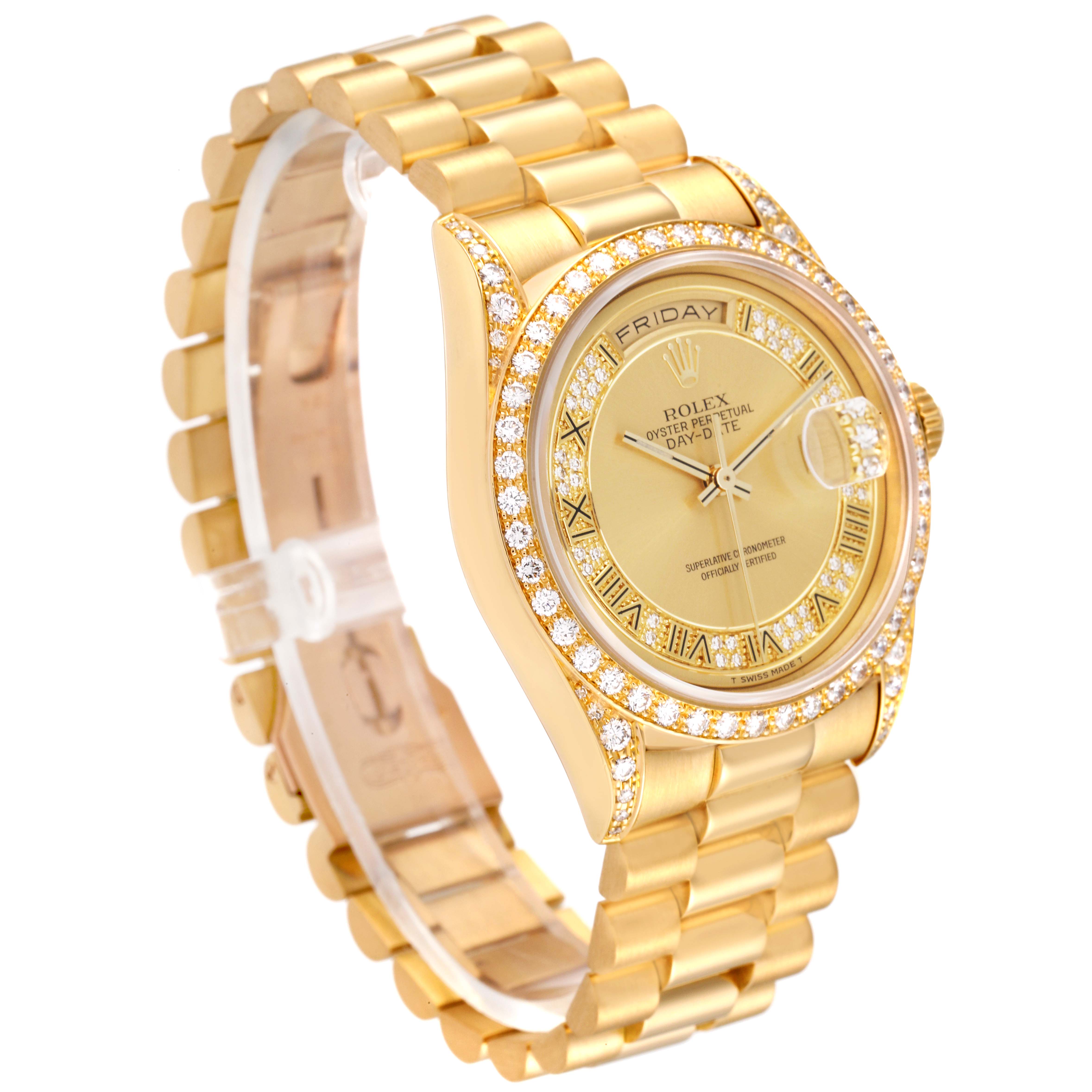 This image shows a Rolex President 18388 Men
s Yellow Gold Champagne Dial 18388 Men
s Yellow Gold Champagne Dial model watch from an angled side view, displaying its gold bracelet, diamond bezel, and detailed dial.