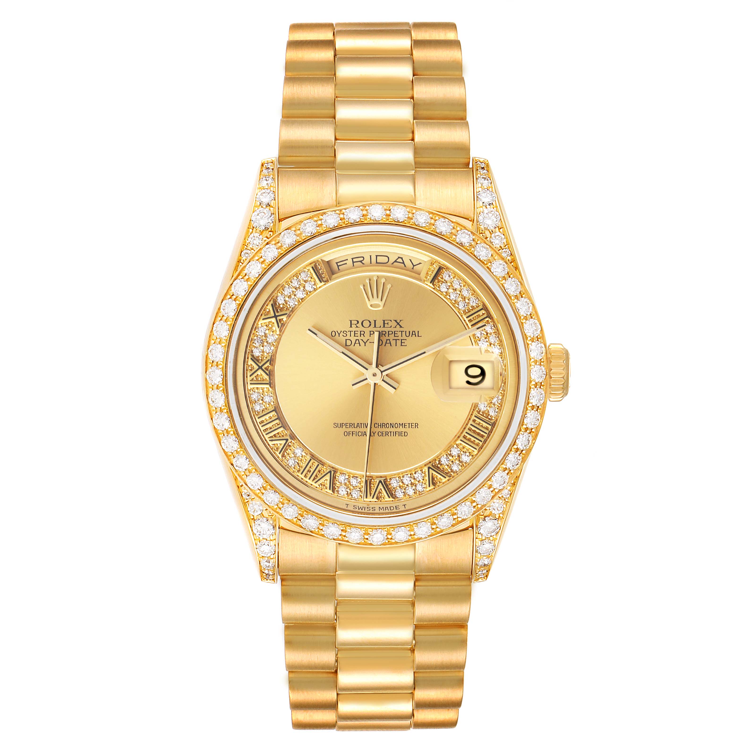 The image shows a front view of a Rolex President 18388 Men
s Yellow Gold Champagne Dial 18388 Men
s Yellow Gold Champagne Dial model watch, displaying its golden dial, day-date feature, and diamond-accented bezel and bracelet.