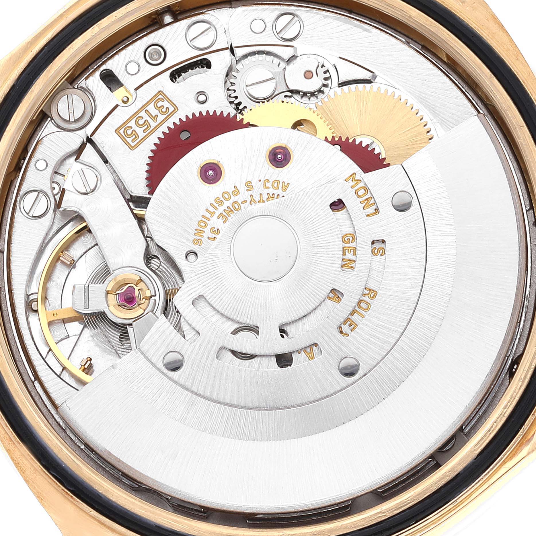 This image shows the inner mechanics and movement of the Rolex President 18388 Men
s Yellow Gold Champagne Dial 18388 Men
s Yellow Gold Champagne Dial model watch, including gears and rotors.