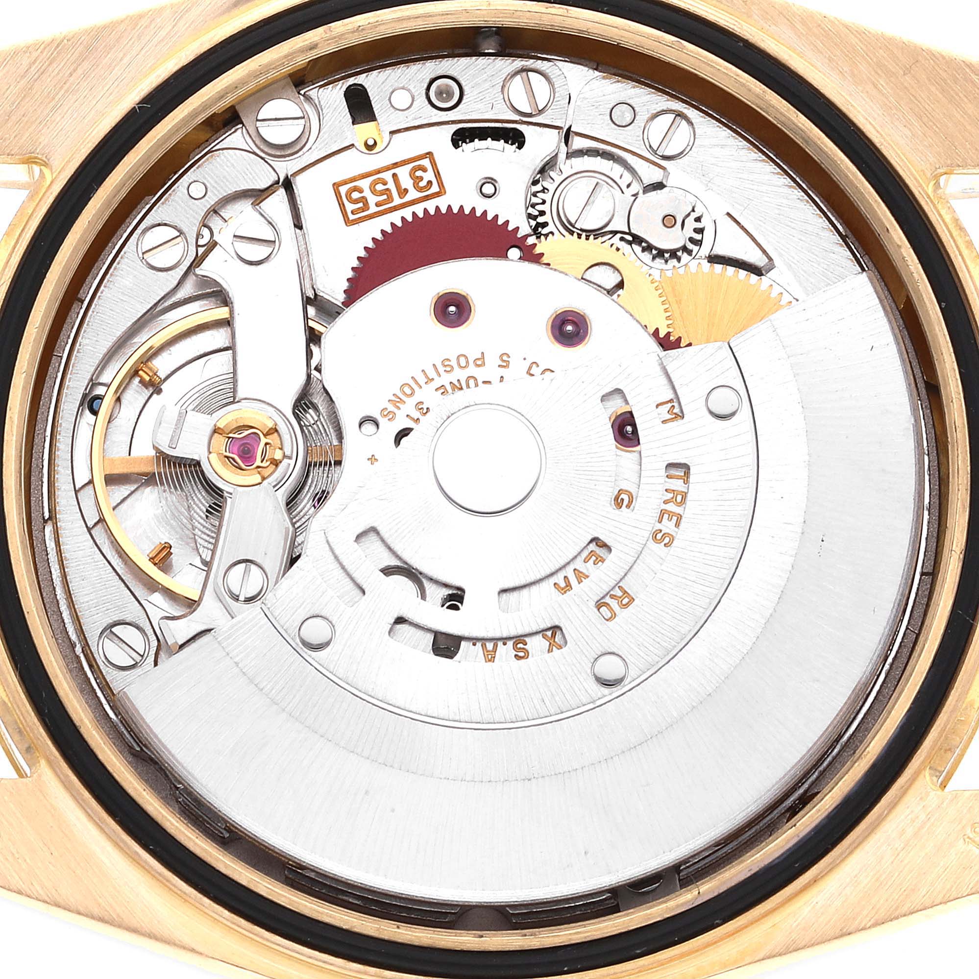 The image shows the internal mechanism of a Rolex President 118238 Men
s Yellow Gold White Dial 118238 Men
s Yellow Gold White Dial model watch, viewed from the back, highlighting its intricate components.