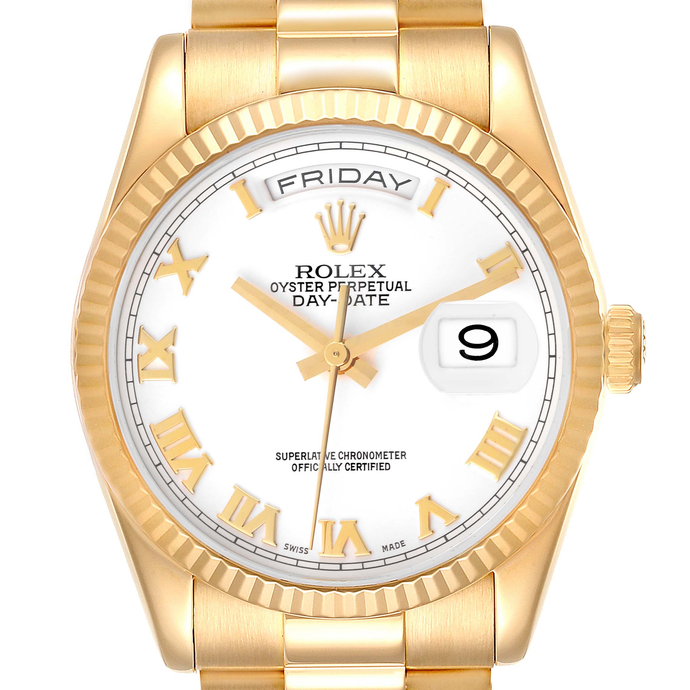 The image shows a frontal view of the Rolex President 118238 Men
s Yellow Gold White Dial 118238 Men
s Yellow Gold White Dial model watch, displaying the dial, date window, and part of the bracelet.