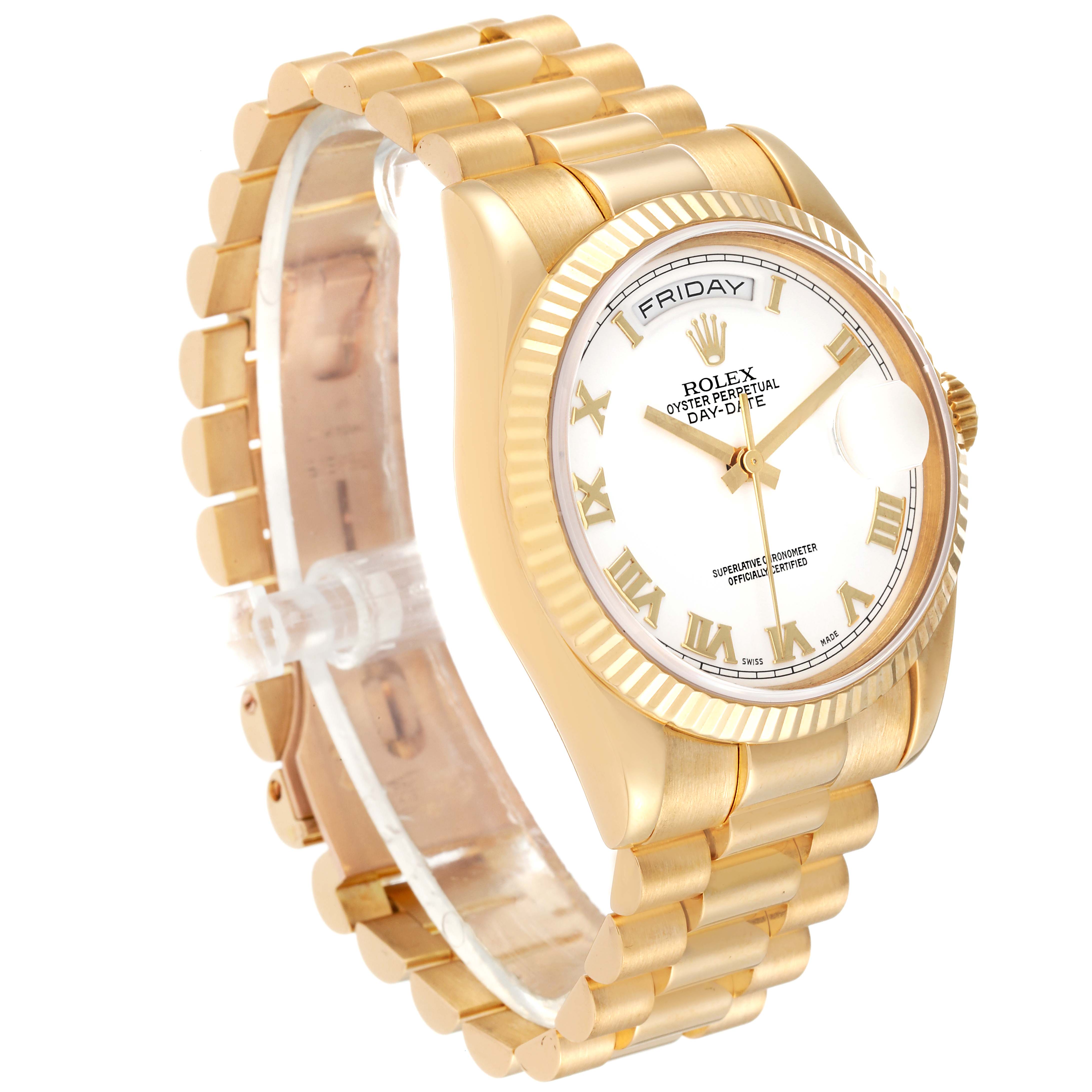 The Rolex President 118238 Men
s Yellow Gold White Dial 118238 Men
s Yellow Gold White Dial model watch is shown at a three-quarter angle, displaying the bracelet, bezel, and face with Roman numerals.