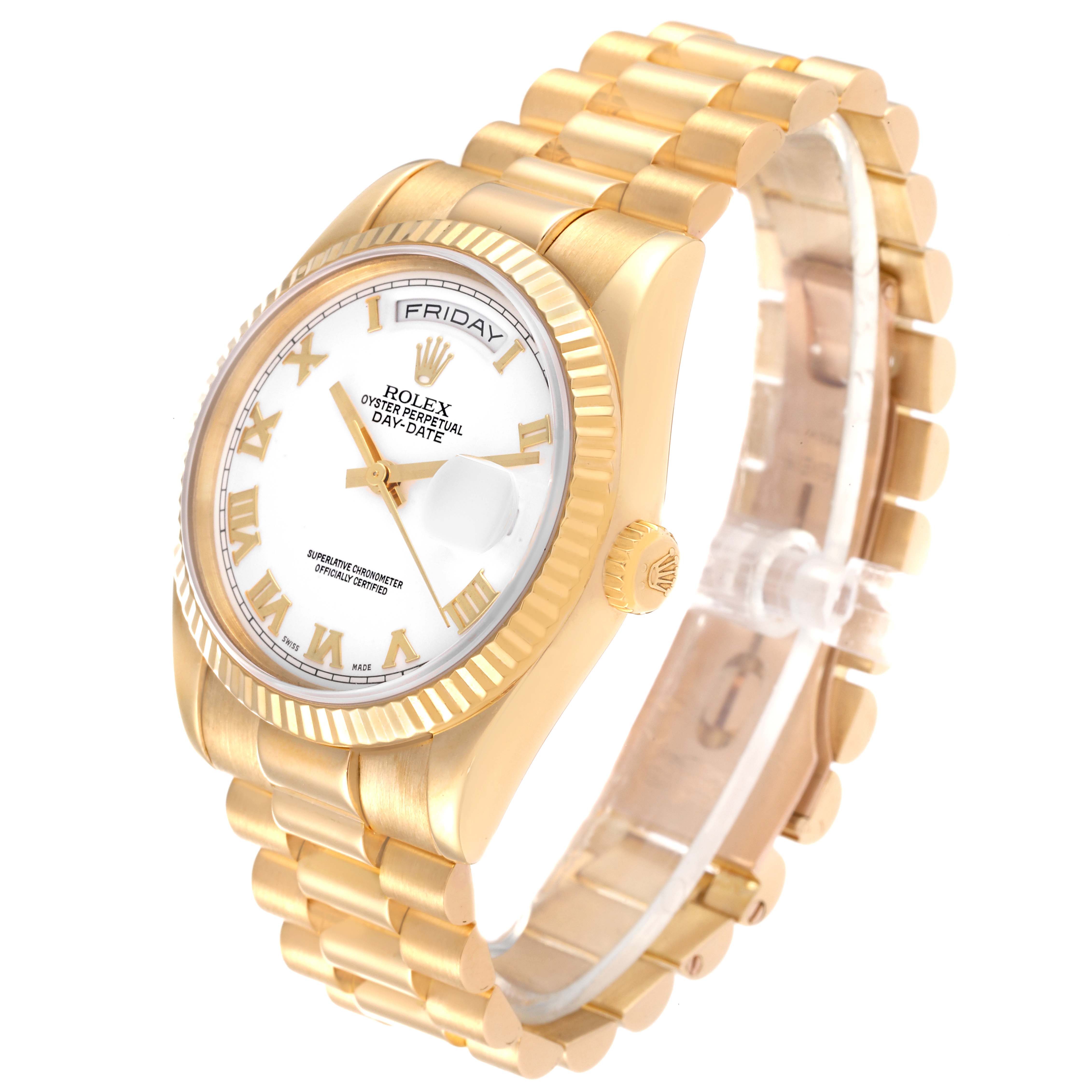 The image shows a Rolex President 118238 Men
s Yellow Gold White Dial 118238 Men
s Yellow Gold White Dial model from a slightly angled side view, displaying the dial, fluted bezel, and part of the gold bracelet.