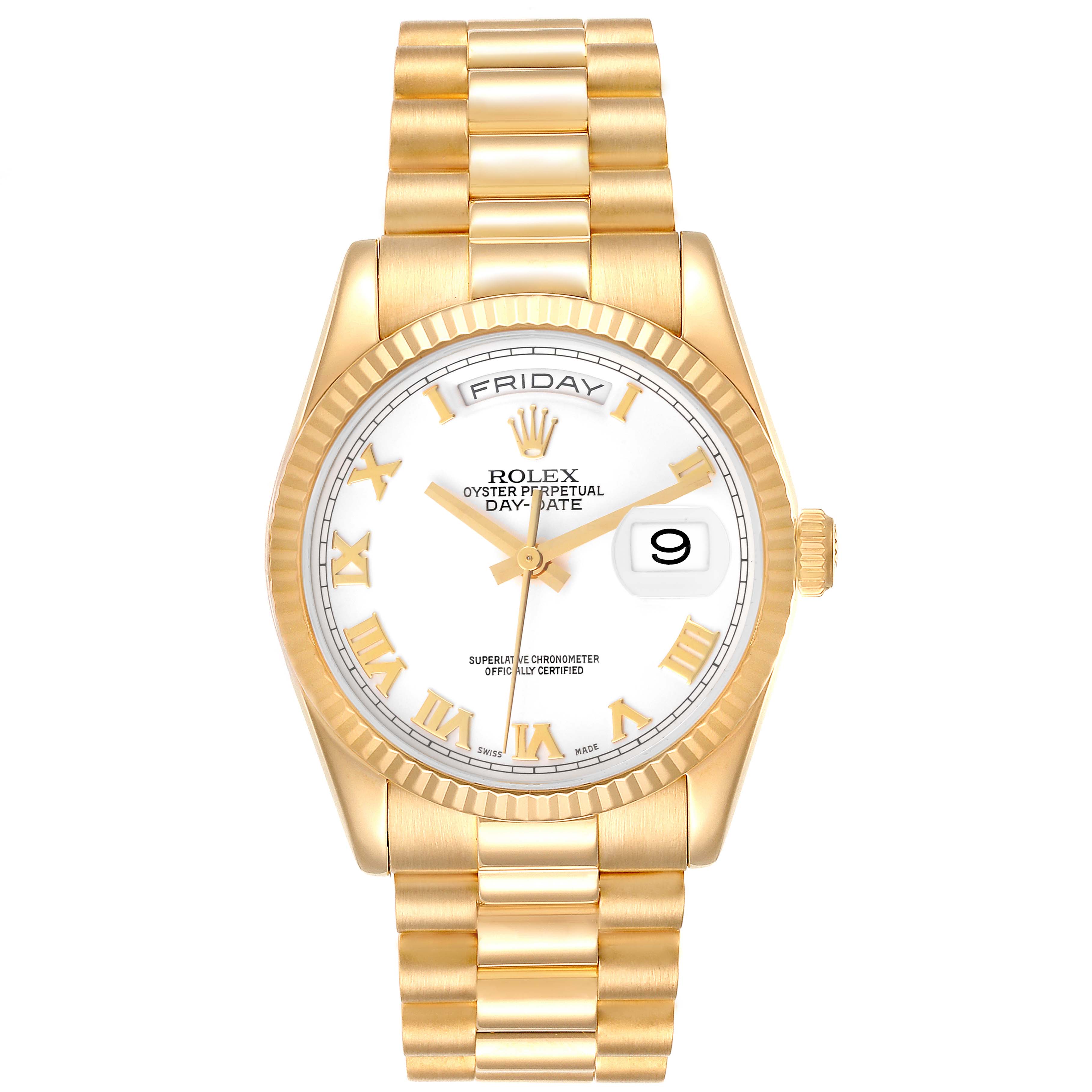 The Rolex President 118238 Men
s Yellow Gold White Dial 118238 Men
s Yellow Gold White Dial model watch is shown from the front, displaying the face, hands, day, and date indicators, along with the bracelet.