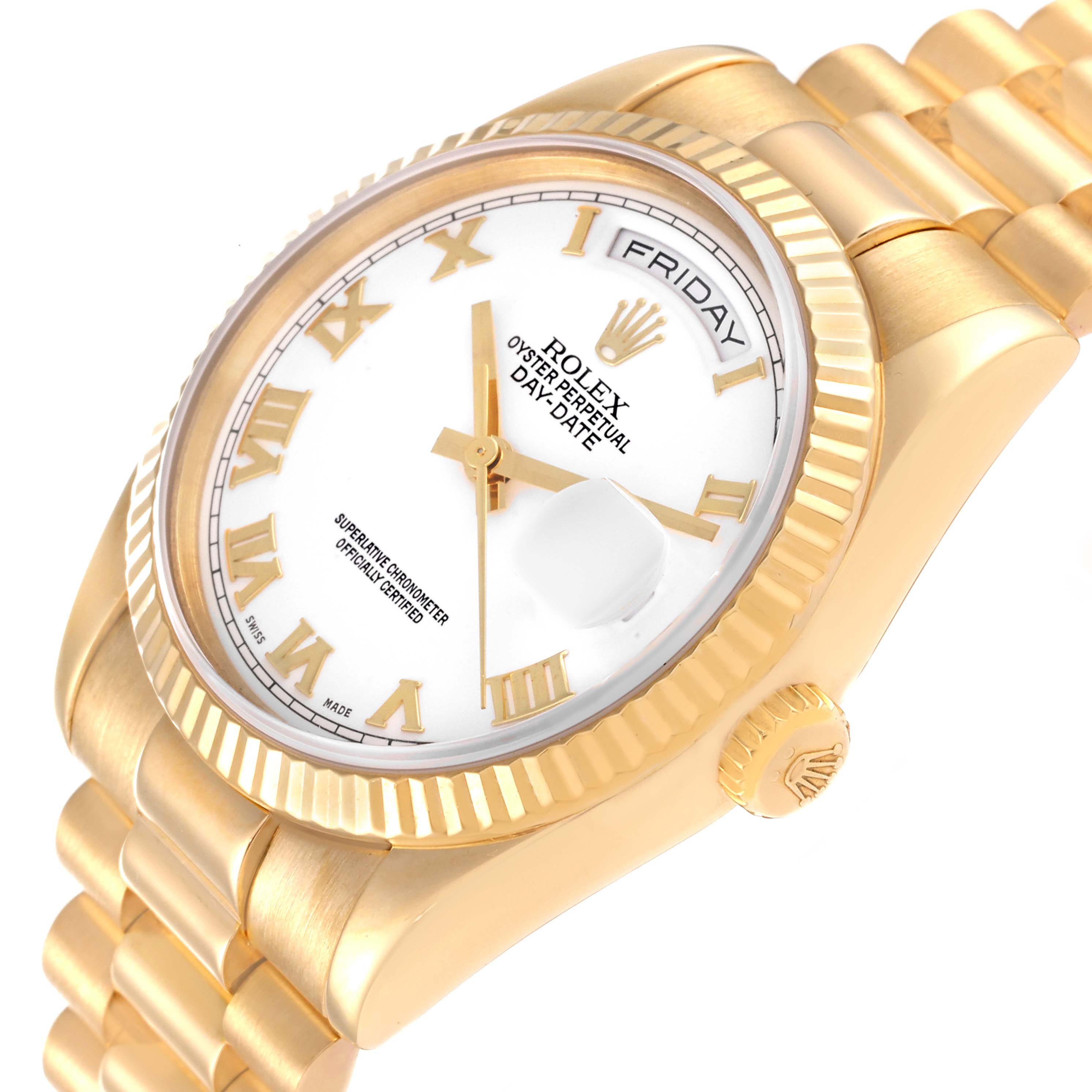 The image shows a Rolex President 118238 Men
s Yellow Gold White Dial 118238 Men
s Yellow Gold White Dial model watch from a three-quarter angle, highlighting the dial, hands, day-date window, and part of the bracelet.