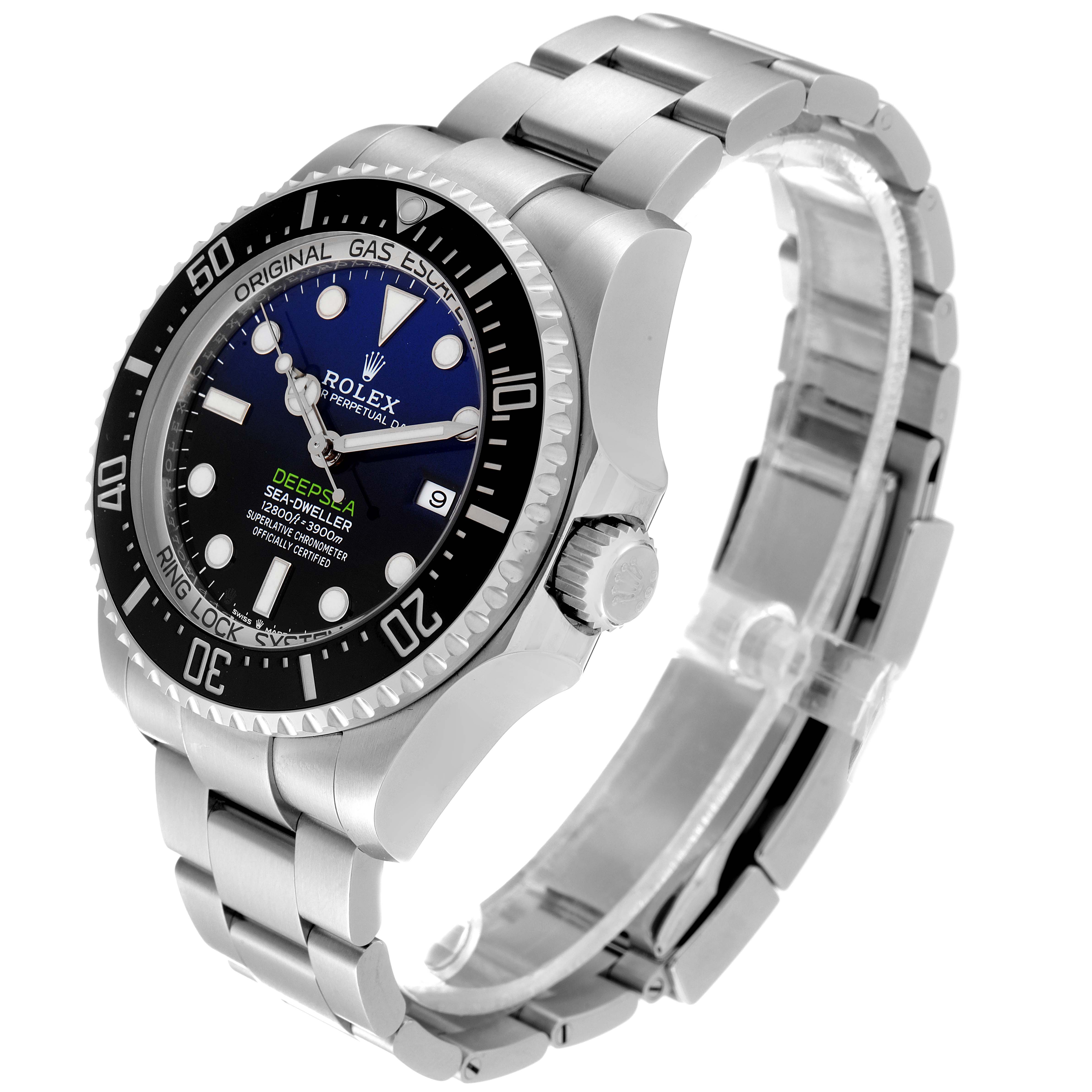 The image shows a Rolex Sea-Dweller 126660 Men
s Stainless Steel Blue Dial 126660 Men
s Stainless Steel Blue Dial watch at an angled side view, highlighting the face, bezel, and bracelet.