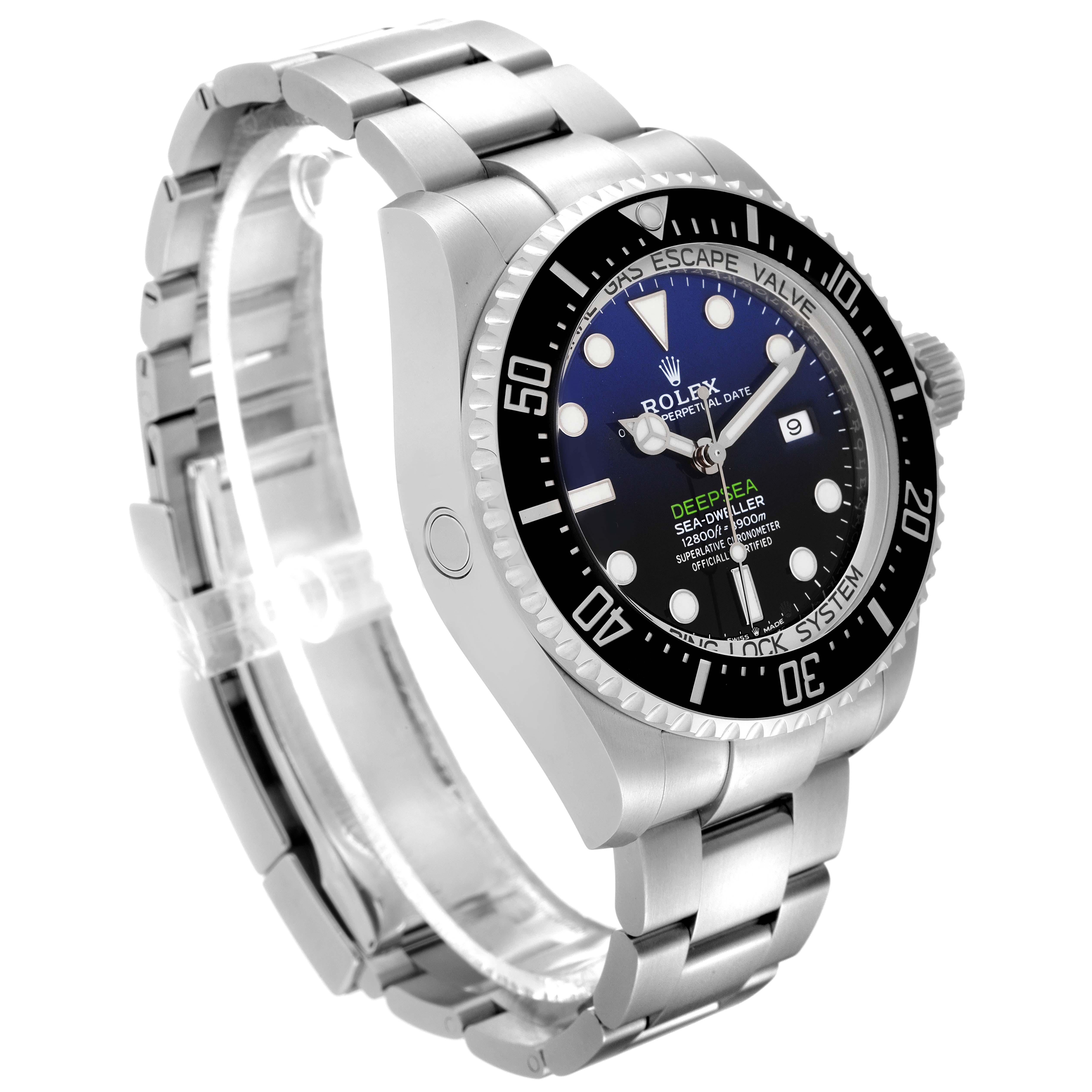 The Rolex Sea-Dweller 126660 Men
s Stainless Steel Blue Dial 126660 Men
s Stainless Steel Blue Dial watch is shown at a three-quarter angle, highlighting its face, bezel, bracelet, and crown.