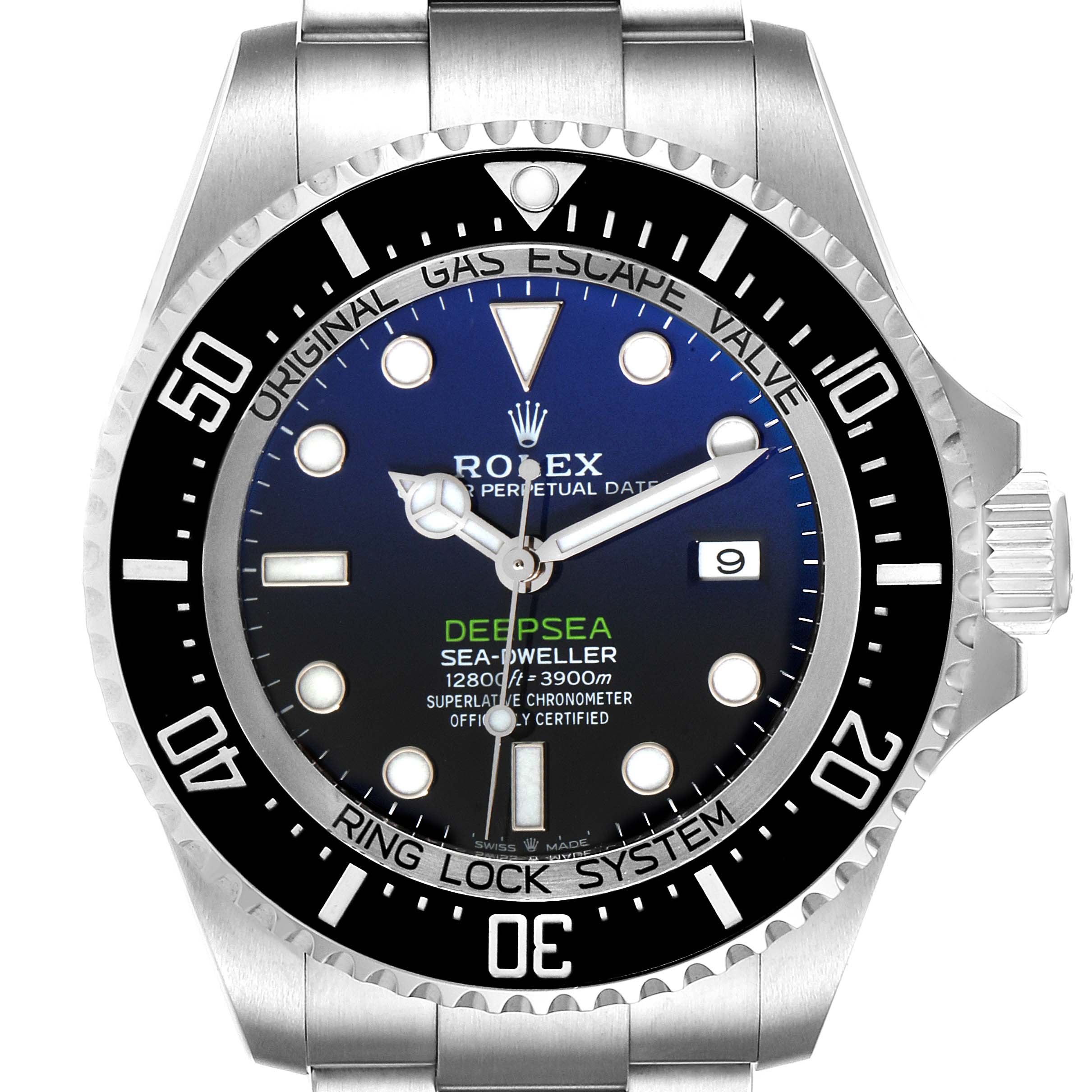 The image shows a frontal view of the Rolex Sea-Dweller 126660 Men
s Stainless Steel Blue Dial 126660 Men
s Stainless Steel Blue Dial model, showcasing the dial, bezel, and part of the stainless steel bracelet.